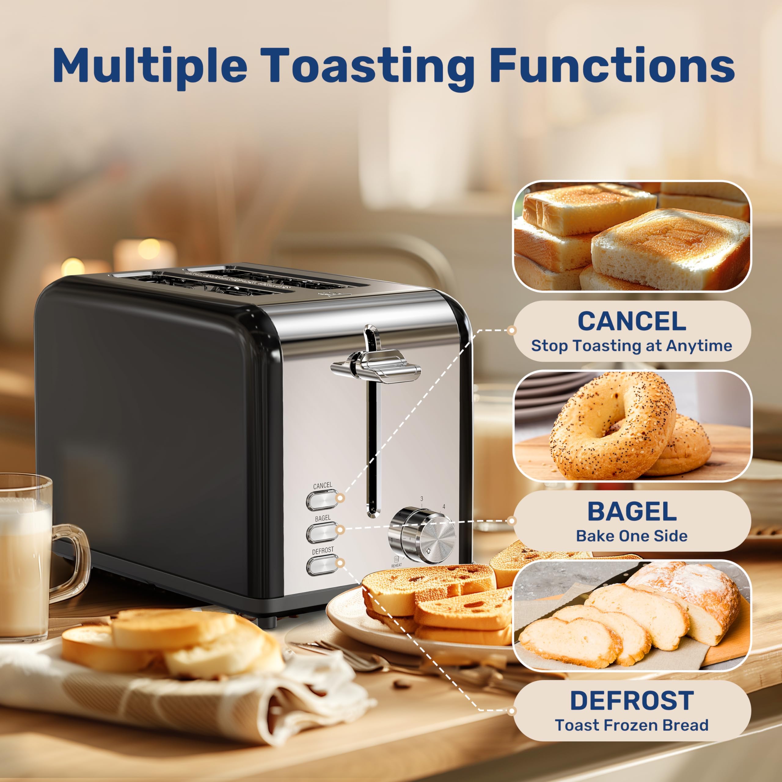 YSSOA 2-Slice Stainless Steel Toaster with 6 Browning Settings & 3 Functions - Extra Wide Slots for Bread, Bagels & Waffles - Removable Crumb Tray - Perfect for Breakfast, Office & Dorm Rooms - Black