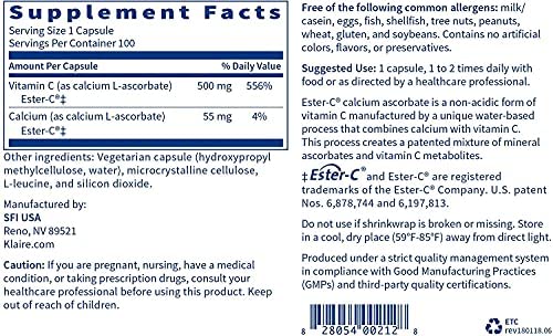 Kl Ester C 500mg Vitamin C Supplement - 100 Capsules | Immune Support, Antioxidant Boost, Collagen Production | For Daily Wellness & Cold Season Defense