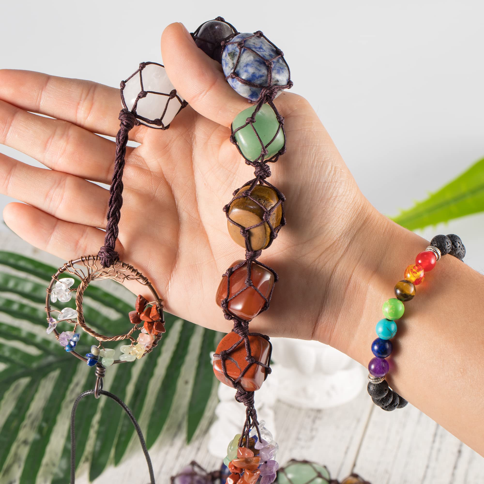 7 Chakra Crystal Car Hanging Ornament - Tree of Life Feng Shui Decor for Rearview Mirror, Home & Office (Set of 3) - Positive Energy & Stress Relief for Meditation, Yoga & Daily Commute