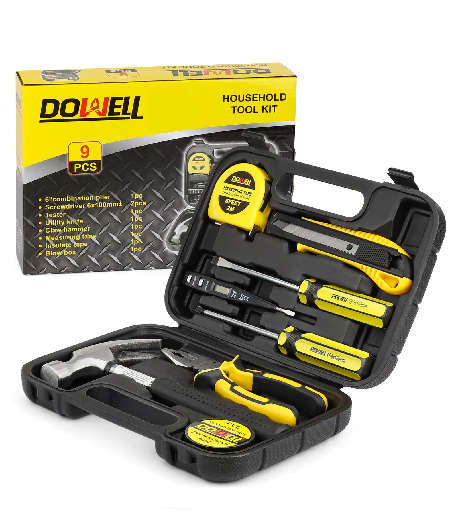 **DOWELL 9-Piece Home Tool Kit - Compact Hand Tool Set with Plastic Storage Case for DIY, Repairs & Household Maintenance**