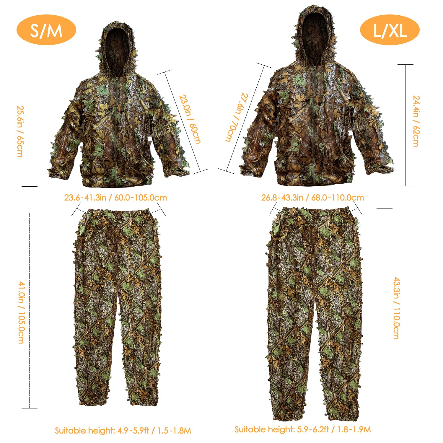 3D Leafy Camouflage Ghillie Suit for Men & Kids - Adult Hunting Camo Suit for Turkey Hunting, Outdoor Games, Halloween Costume & Tactical Training | Perfect for Woodland Hunting, Airsoft, Paintball & Military Simulation
