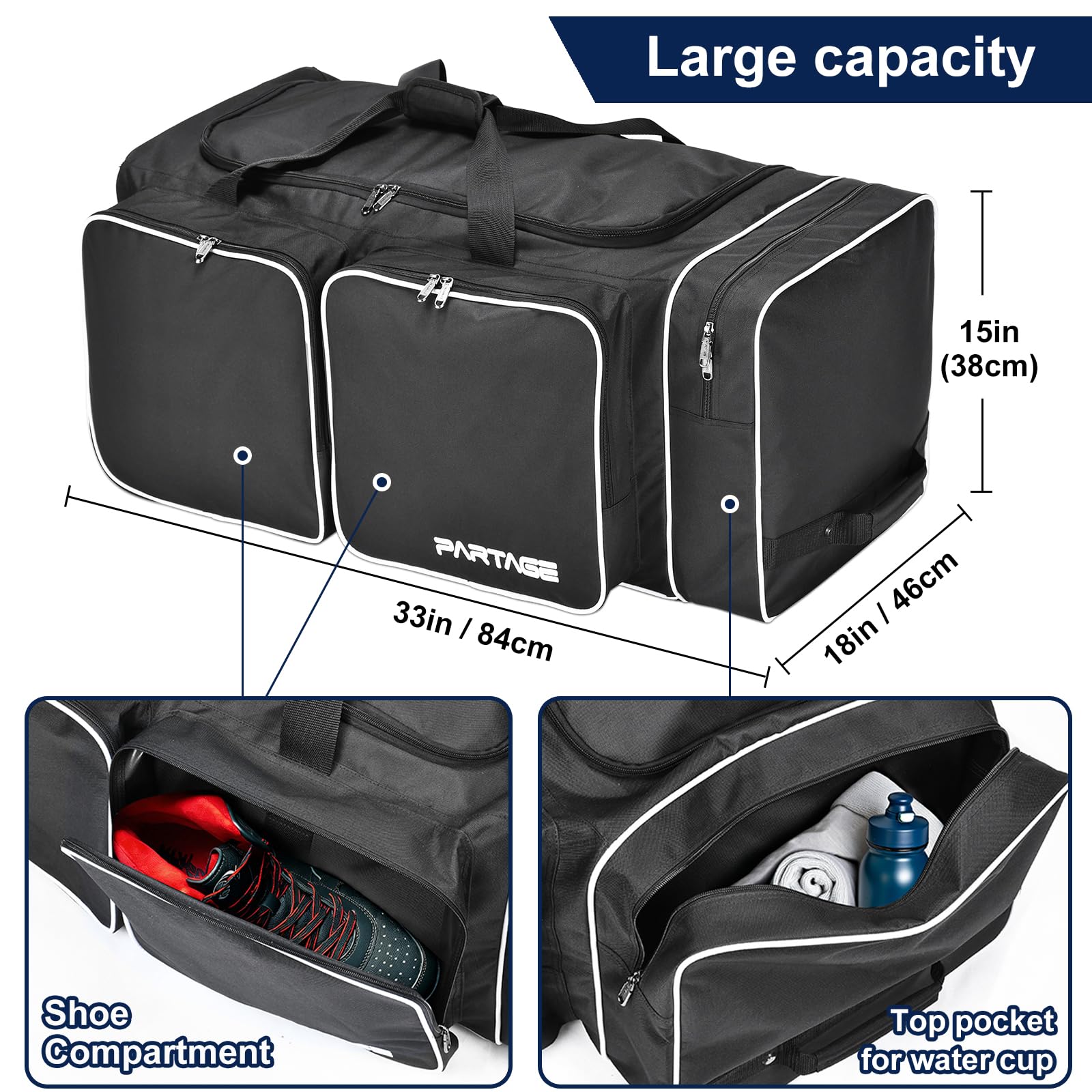 33 Inch Wheeled Hockey Duffle Bag with Separate Shoe Compartment - Large Travel Hockey Gear Bag for Players & Coaches - Perfect for Ice Rink, Tournaments & Gym (Black)