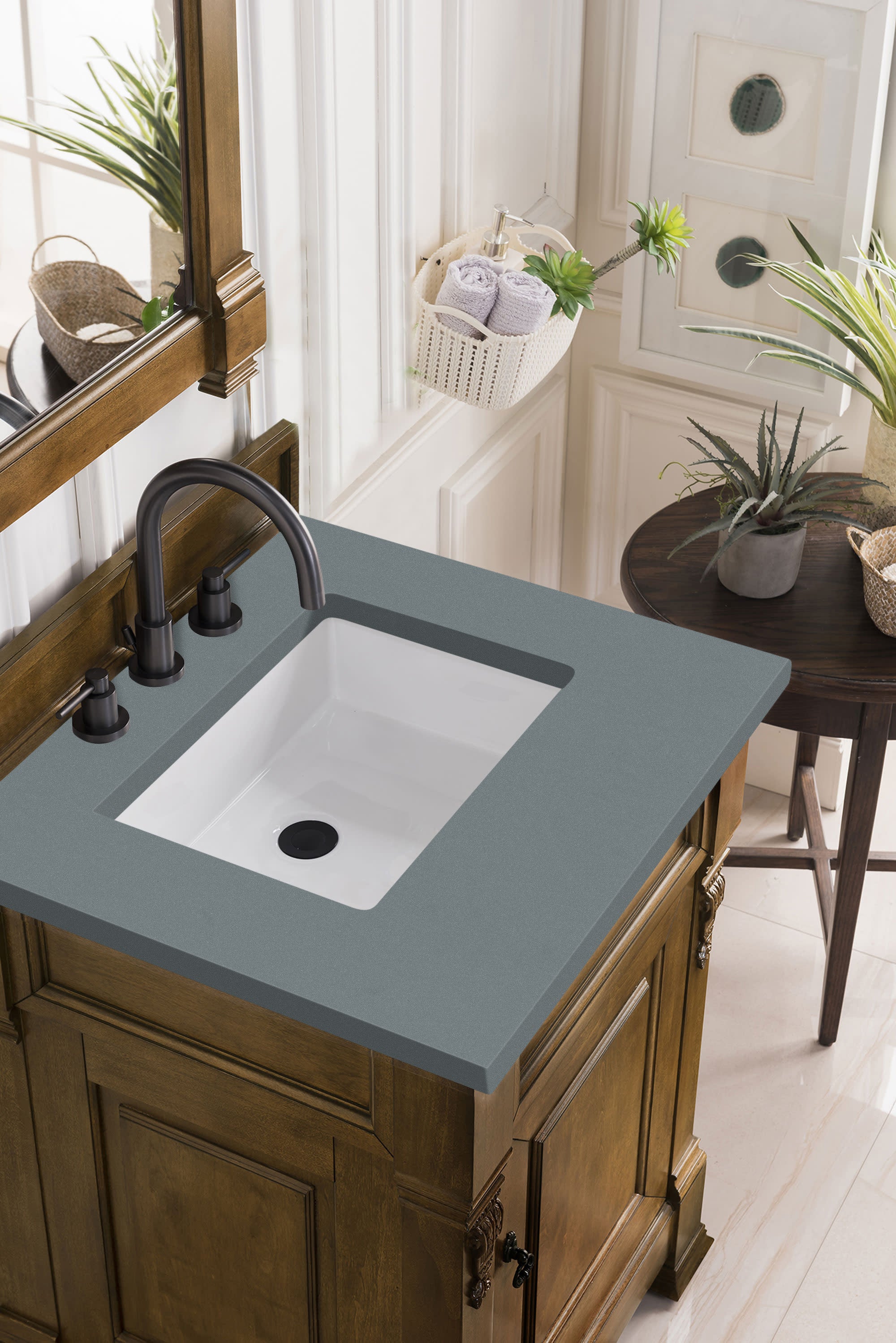 Brookfield 26-Inch Single Bathroom Vanity Set with Country Oak Finish & 3CM Calacatta Blue Quartz Countertop - Perfect for Modern Farmhouse & Coastal Bathroom Designs
