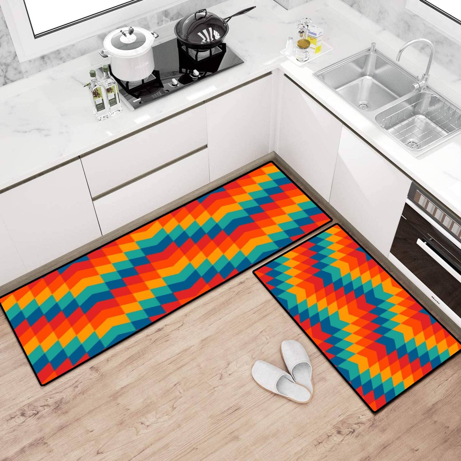 Non-Slip Washable Kitchen Rugs Set - Ethnic Tribal Style Seamless Design with Native American Ornamental Lines, Anti-Fatigue Floor Mats for Standing Comfort - Perfect for Kitchen, Bathroom, Entryway & Home Decor