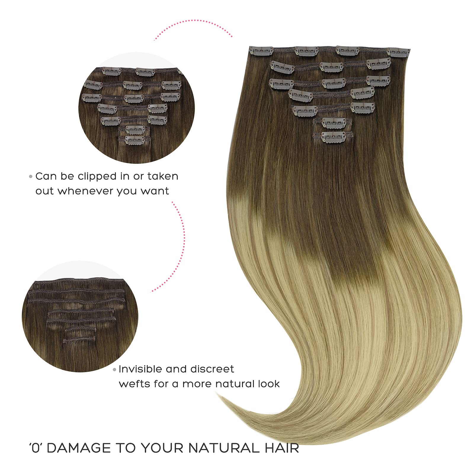 Marat Clip in Human Hair Extensions 18 Inch 120g - Walnut Brown, Ash Brown & Bleach Blonde Straight Remy Hair - Perfect for Parties, Weddings & Daily Styling