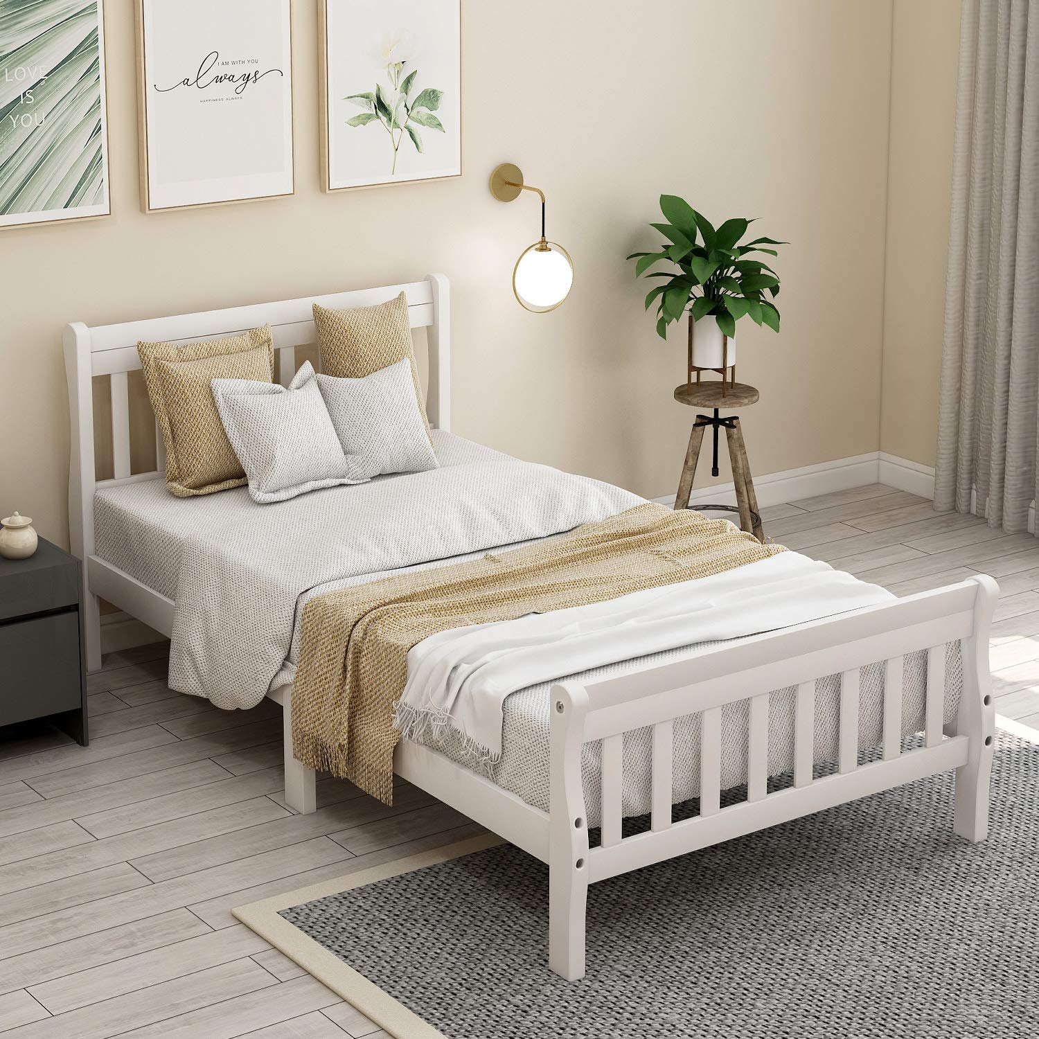 Harper & Bright Designs Twin Sleigh Bed Frame - Solid Wood Platform Bed for Kids with Headboard & Footboard, White Stripe Finish | Perfect for Children's Bedroom, Guest Room & Small Spaces