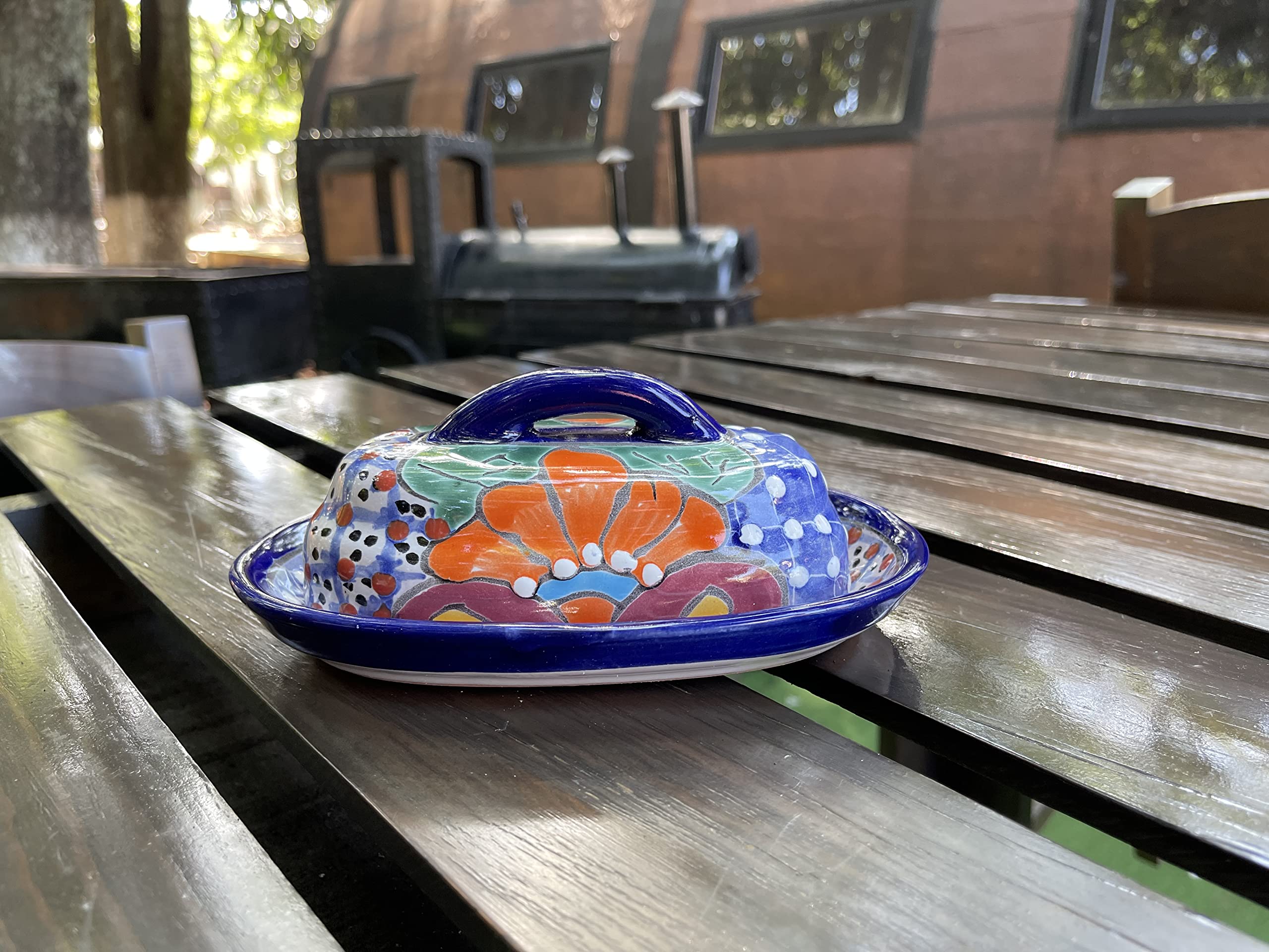 Hand-Painted Authentic Mexican Talavera Ceramic Butter Dish with Lid - Floral Design Kitchen Decor for Dining Table & Breakfast Buffet (Blue)