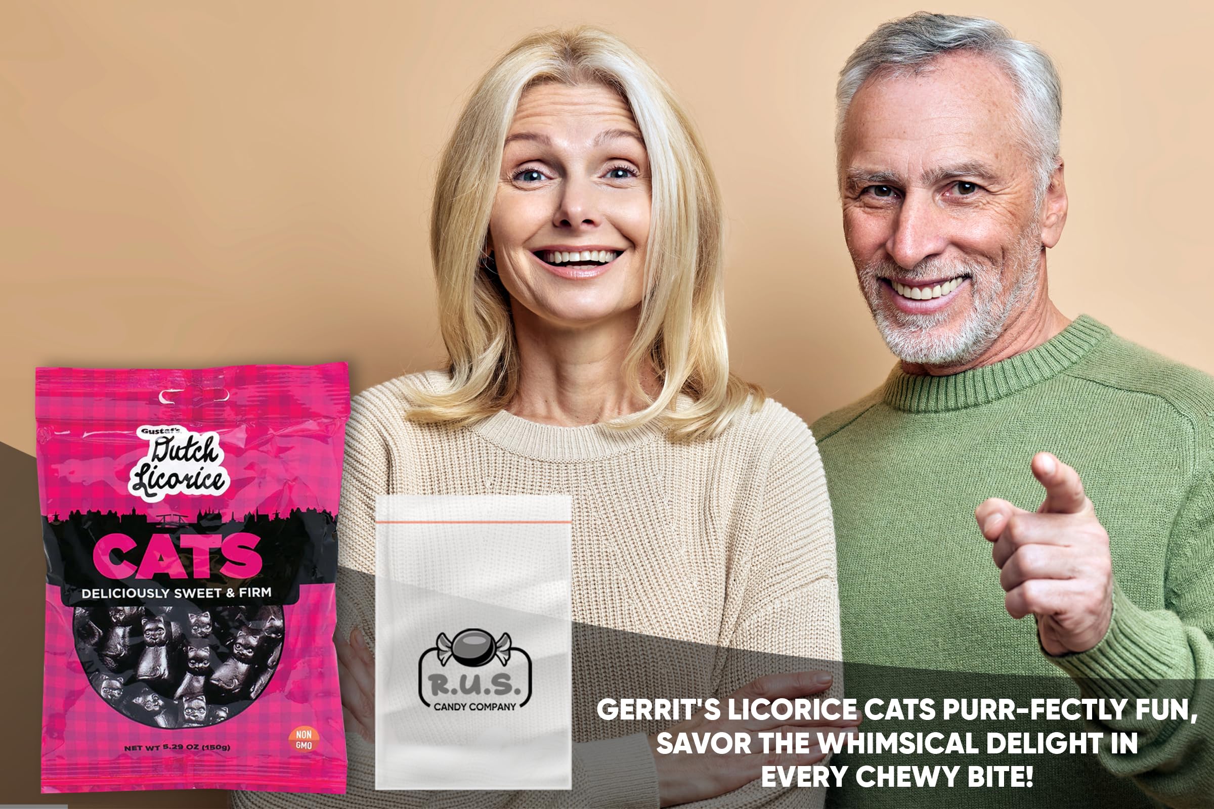 Gustaf's Dutch Licorice Cats - 2 Pack (5.29 oz Each) | Authentic Dutch Candy | Imported Licorice Treats | Perfect for Travel, Gifts & Snacking | Includes RUS Candy Company Travel Size Bags