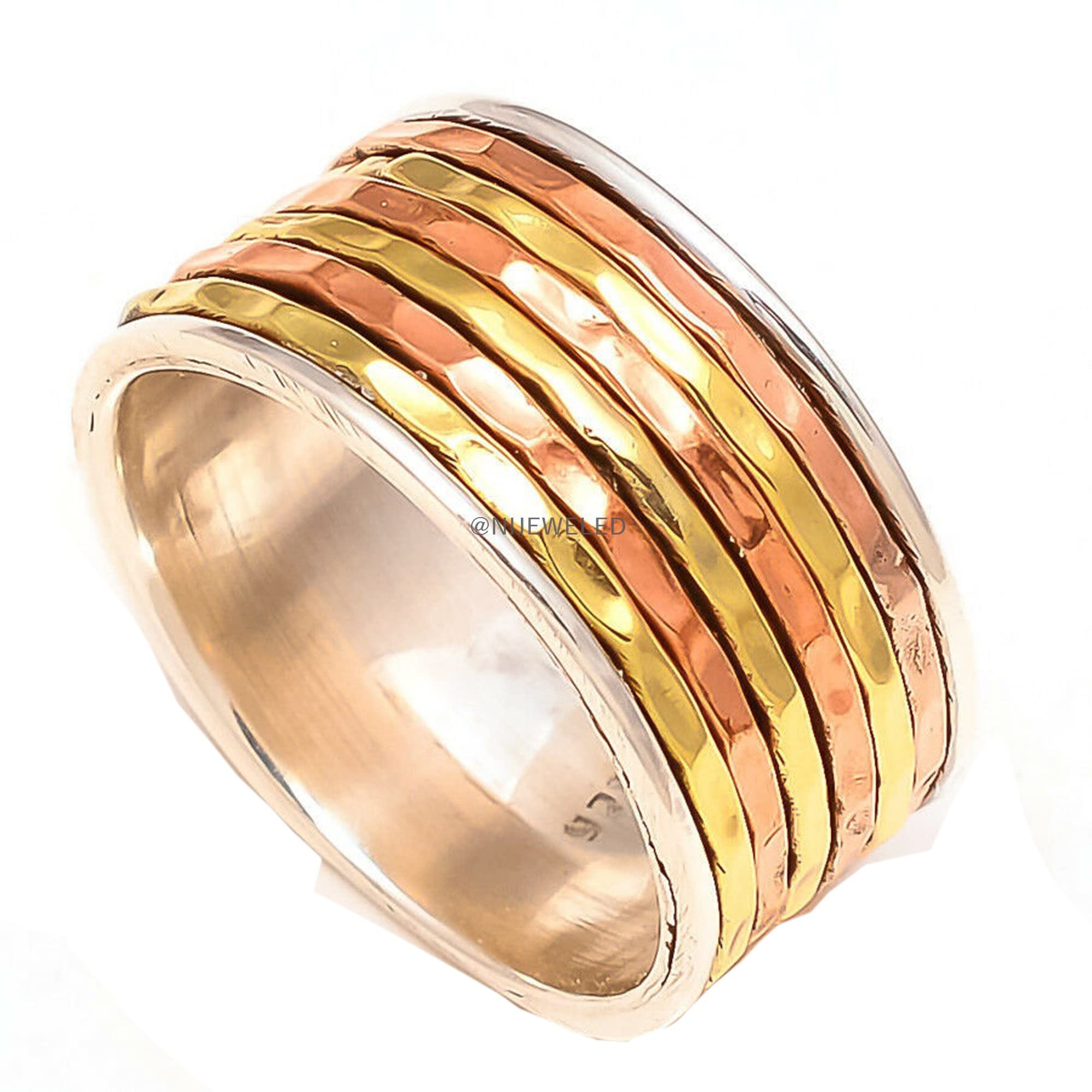 Beautiful Spinner Ring for Women - 925 Sterling Silver Anxiety Relief & Meditation Ring, Elegant Three-Tone Design for Stress Relief, Fashion Jewelry Gift for Her - Perfect for Yoga, Mindfulness & Daily Wear