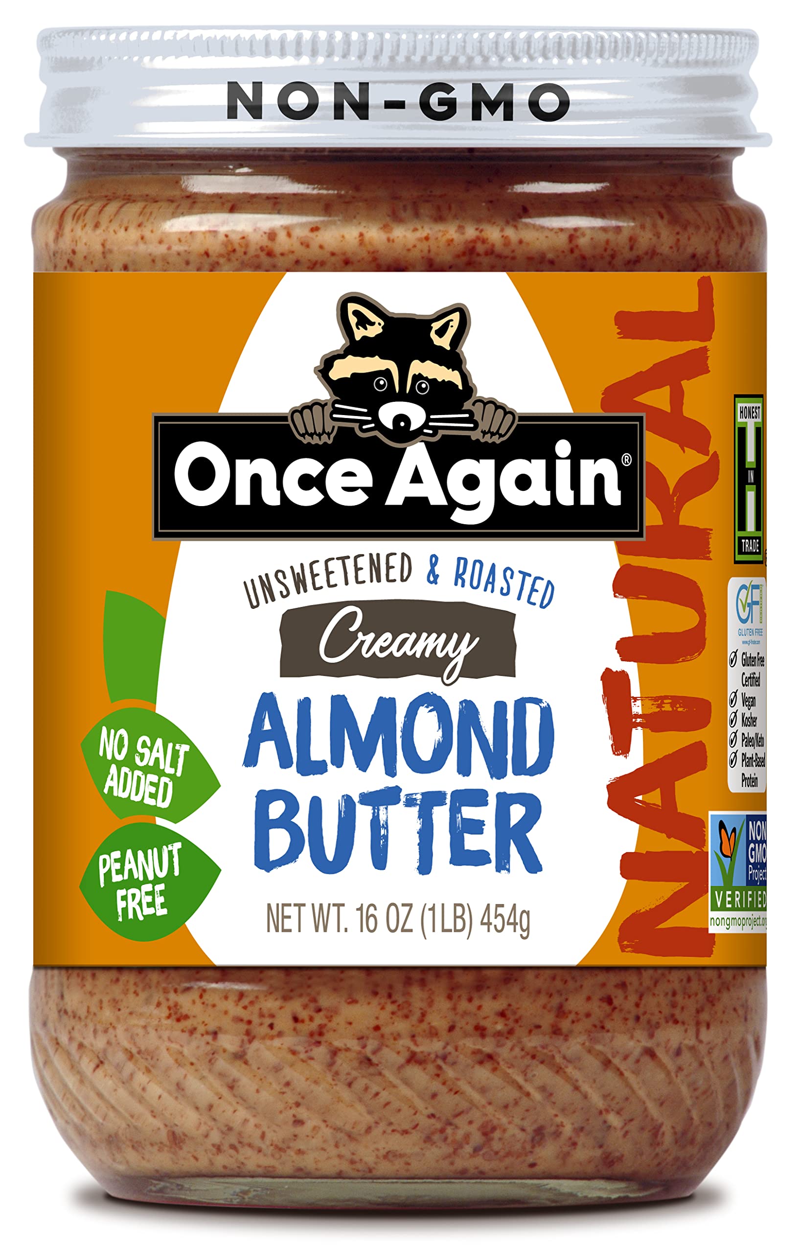 Once Again Natural Creamy Almond Butter, 16oz - Roasted Unsalted Almond Spread, No Sugar Added, Gluten Free, Peanut Free, Vegan, Kosher & Paleo Certified - Healthy Snack for Toast, Smoothies & Baking - Packed in Glass Jar