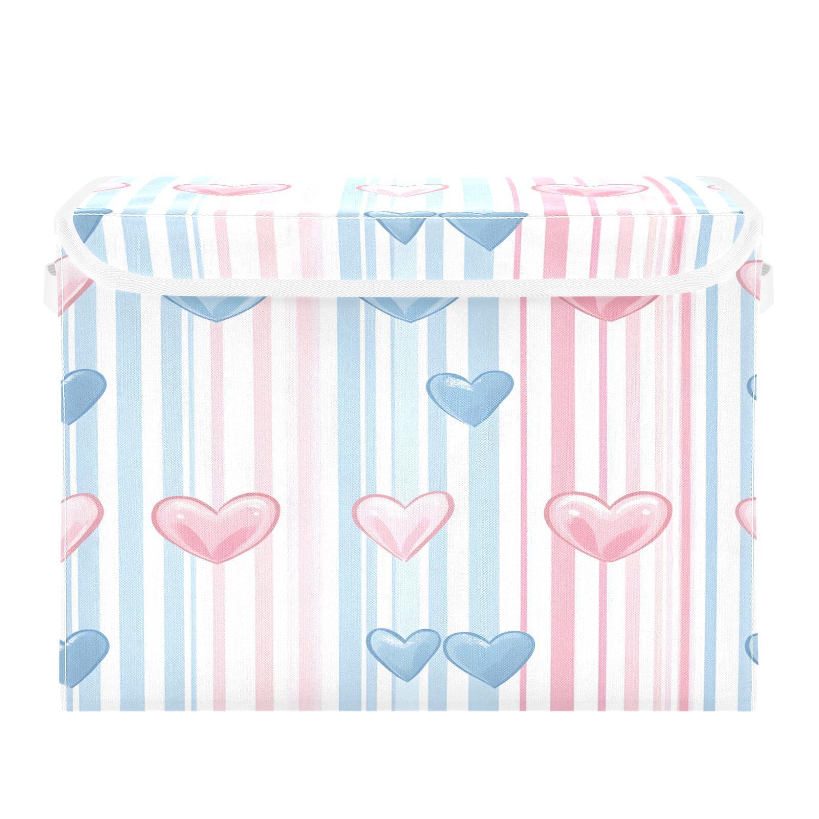 Valentine's Day Collapsible Storage Baskets with Lids - Striped Blue & Pink Heart Design Organizing Bins for Clothes, Toys & Home Decor | Perfect for Bedroom, Nursery & Gift Organization
