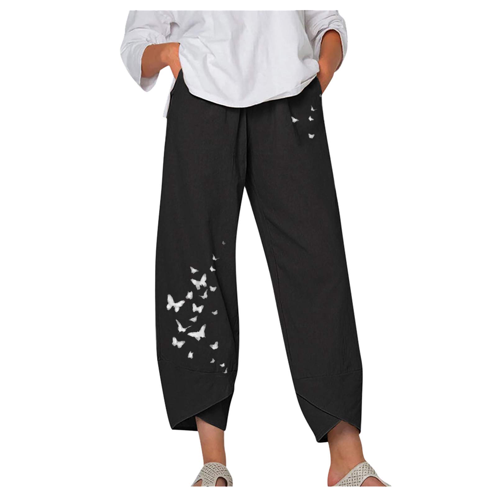 Women's Capri Pants - Casual Summer Cotton Linen Cropped Pants with Pockets, Loose Harem Yoga Pants, Comfortable Printed Trousers for Travel, Beach & Lounge Wear