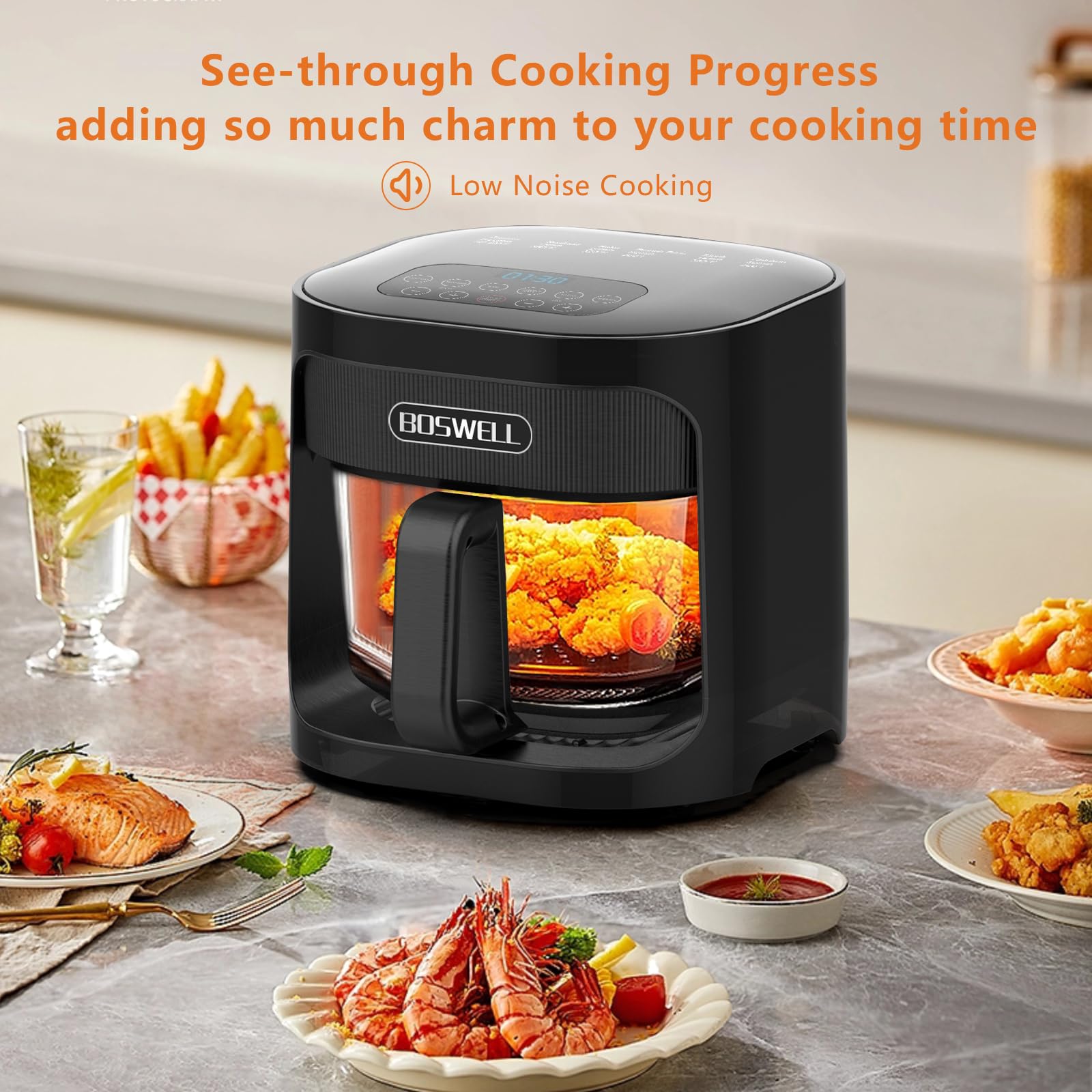 BOSWELL 4.5QT Glass Air Fryer with Transparent Bowl - Non-Toxic, Large Capacity, Circulating Heating & Temperature Control - Dishwasher Safe (Black) - Perfect for Healthy Cooking, Roasting, Baking & Frying at Home
