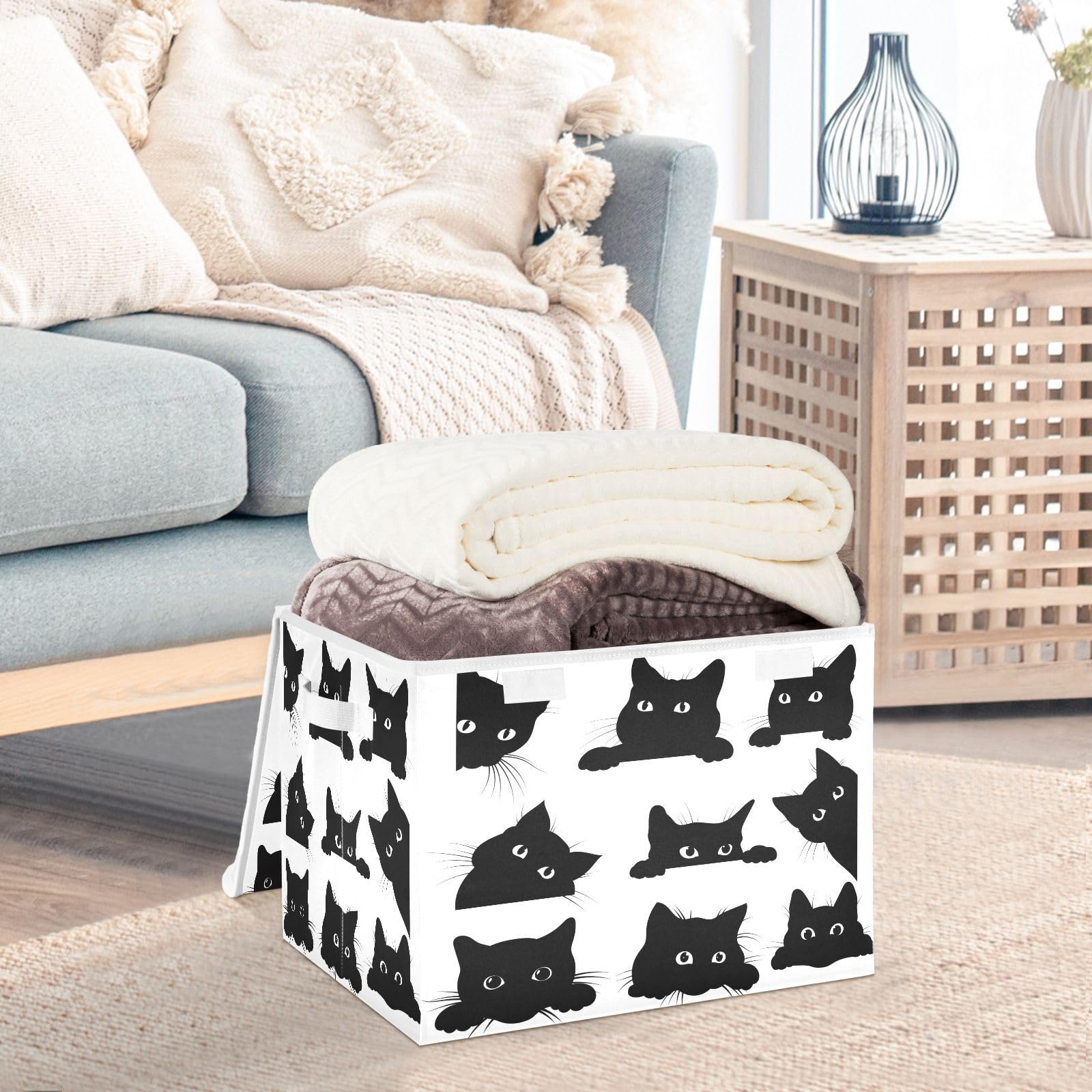 Foldable Storage Bins with Lids & Handles - Large Collapsible Organizer Boxes for Closet, Home, Bedroom & Office | Cute Black Cat Design | Perfect for Toy Storage, Seasonal Decor & Pet Supplies Organization