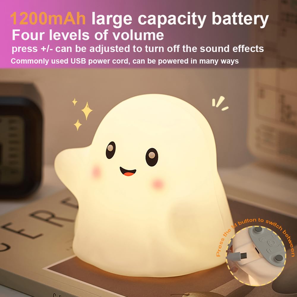 Kids Ghost Night Light - Adjustable Dimmable Silicone Nursery Lamp with 13 Interactive Sound Effects & Touch Sensor | Halloween Decor, Christmas Gift for Children (White Ghost) - Perfect for Bedrooms, Nurseries, and Holiday Decorations