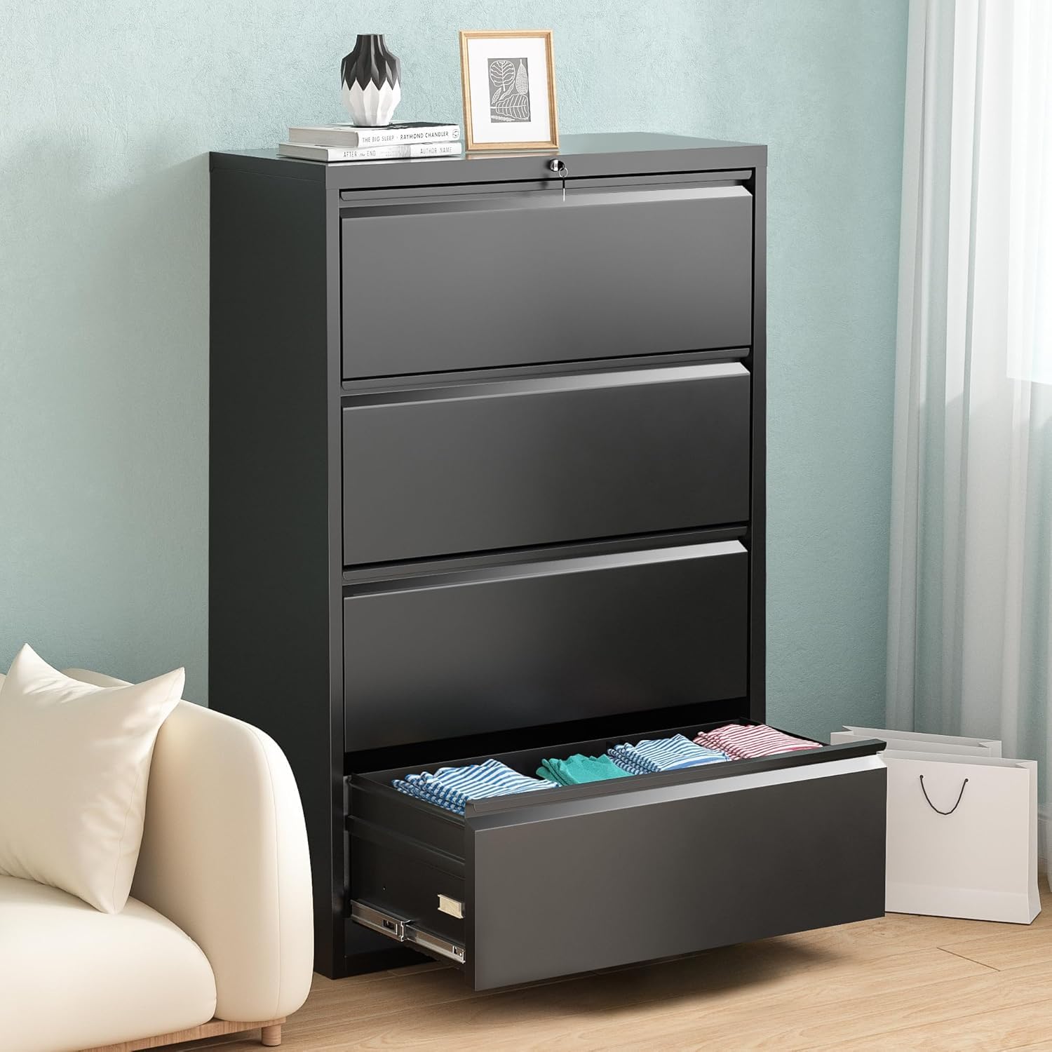 Greenvelly 4-Drawer Lockable Metal Filing Cabinet for Home Office - Black Letter/Legal/A4/F4 Size File Cabinet with Hanging Bars & Key - Perfect for Document Organization in Small Offices, Home Workspaces, and Professional Settings