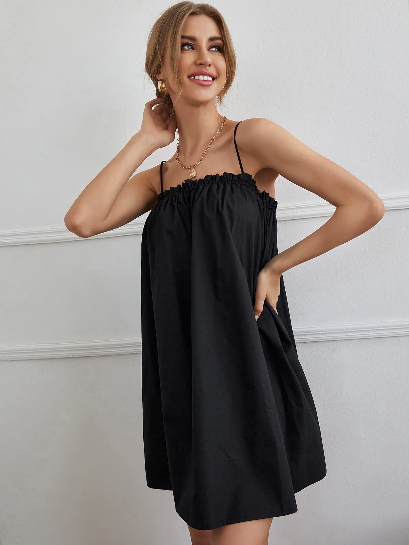 Women's Solid Color Frill Trim Cami Short Dress - Sleeveless Summer Mini Dress for Casual Outings, Beach Vacations & Date Nights 2023