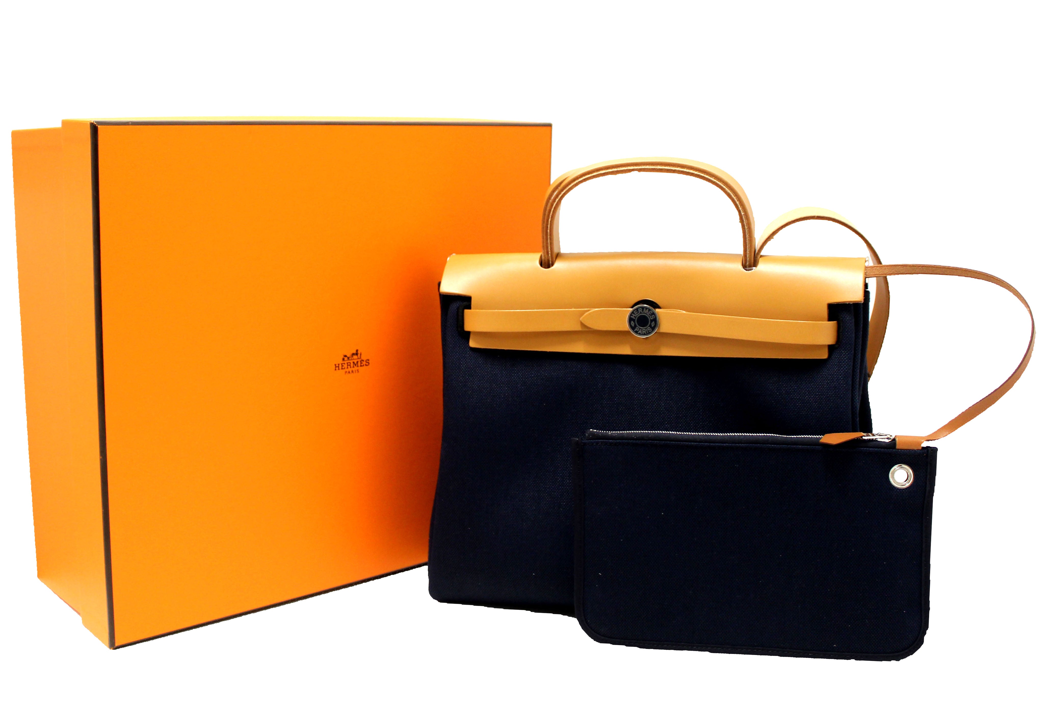 Authentic Hermes Blue Marine Vache Hunter Toile Herbag Zip 31 PM Bag - Luxury Handbag for Women, Perfect for Work, Travel & Everyday Use