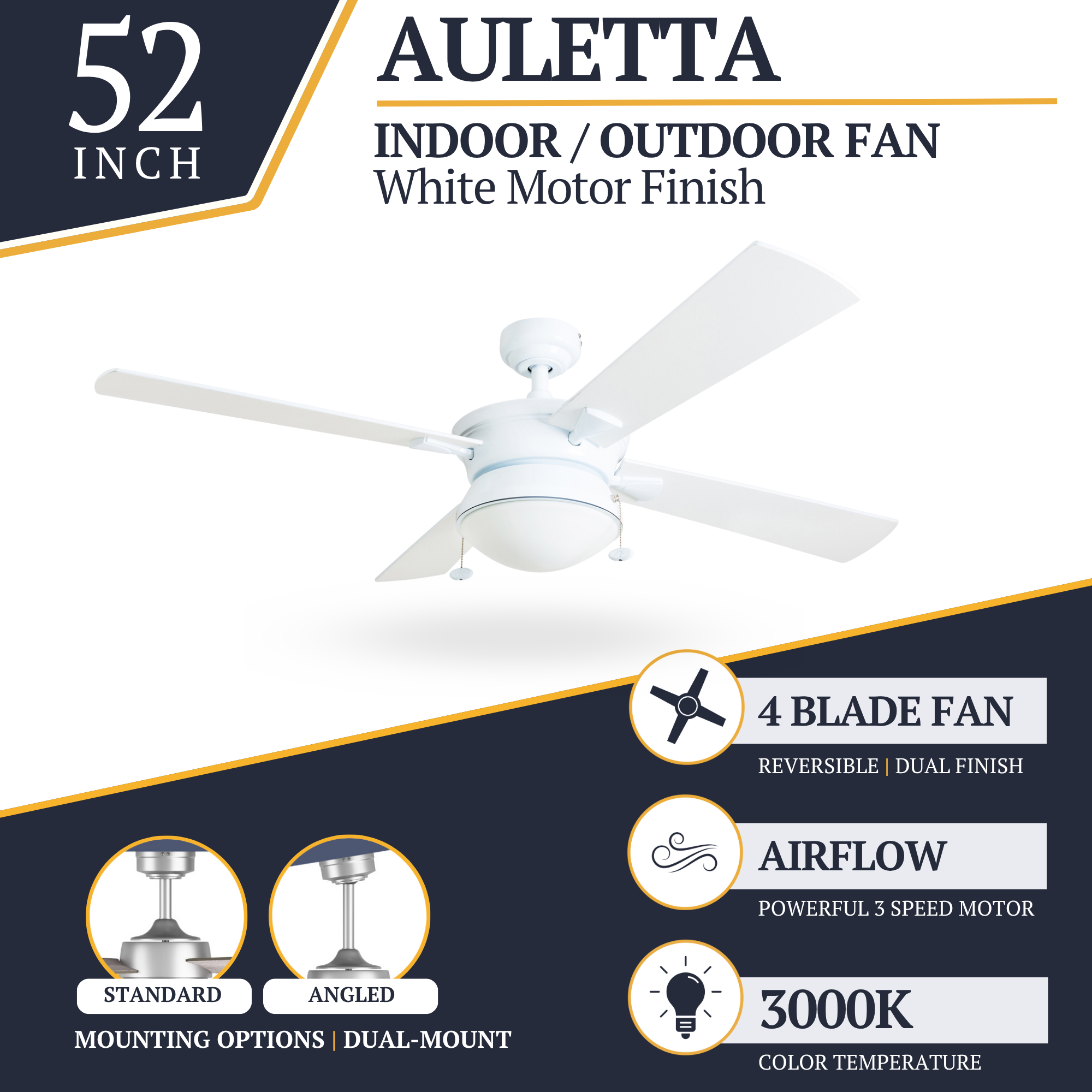 52 Inch Auletta White Ceiling Fan with Pull Chain - Indoor/Outdoor Use for Living Room, Bedroom, Patio & Covered Porch
