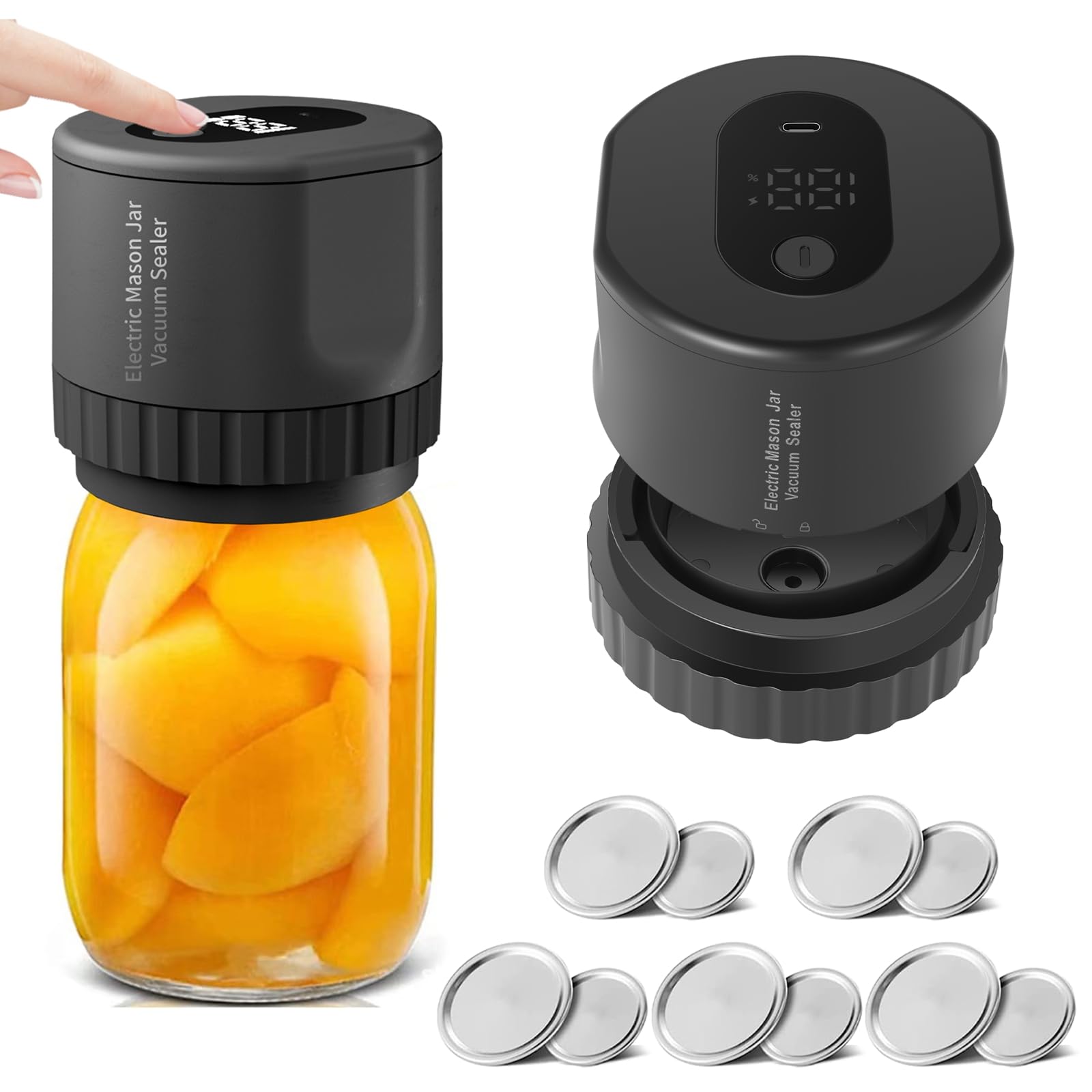 Electric Mason Jar Vacuum Sealer - Automatic Food Preservation System with 10 Reusable Canning Lids | Airtight Storage for Dry Goods, Coffee, Nuts & Meal Prep | Perfect for Home Canning, Pantry Organization & Long-Term Food Storage