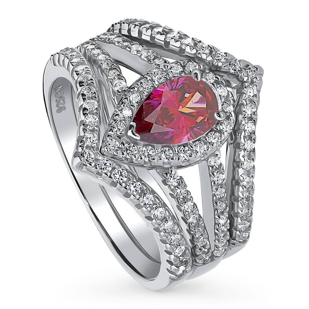 BERRICLE Sterling Silver Halo Wedding Engagement Ring Set for Women - Red Pear Cut Cubic Zirconia CZ Wishbone Split Shank, Rhodium Plated Size 4-10 | Elegant Bridal Jewelry for Proposals, Anniversaries & Special Occasions
