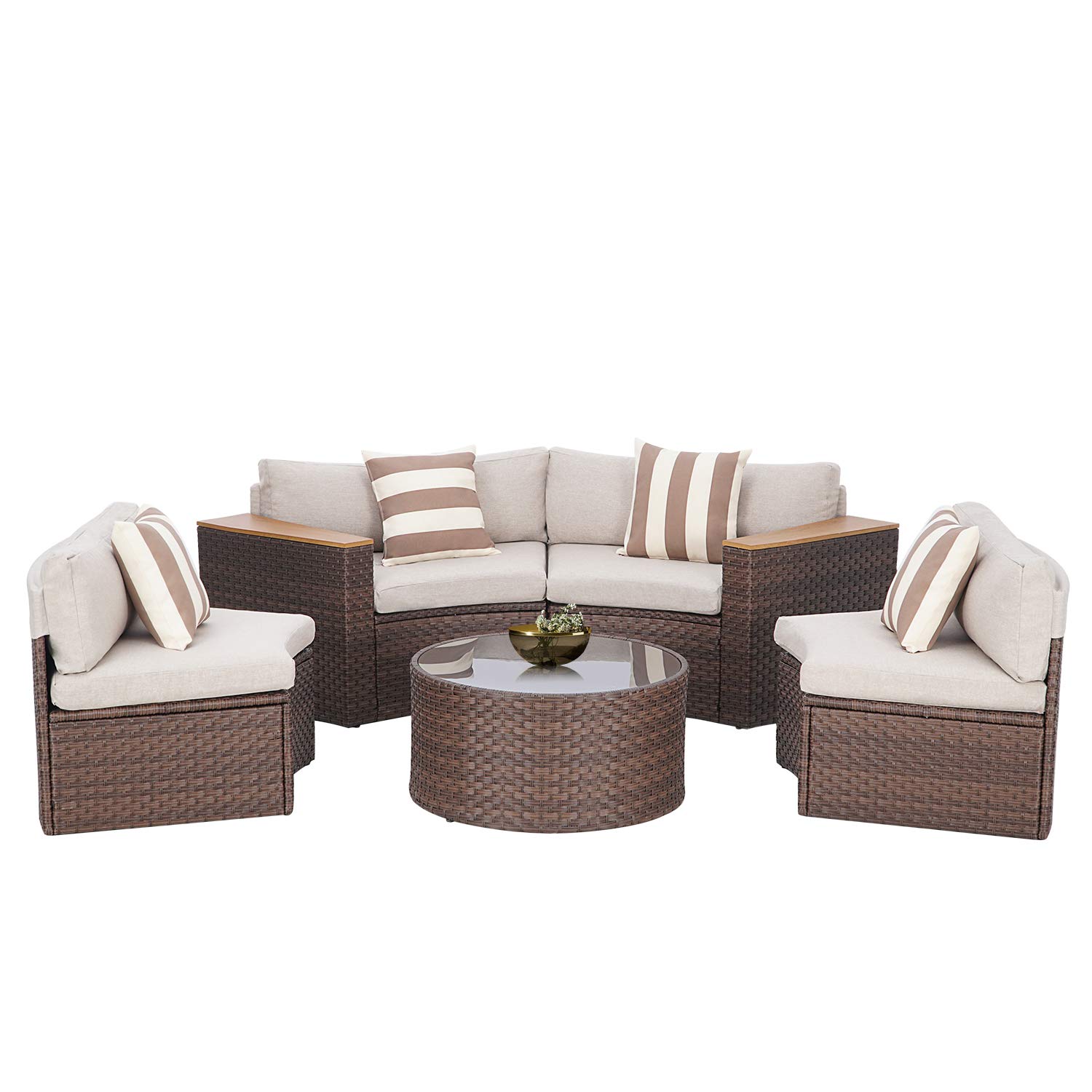 SUNCROWN 5-Piece Outdoor Round Patio Furniture Set - All-Weather Wicker Half Moon Sectional Sofa with Round Coffee Table & Thick Cushions (Light Brown) - Perfect for Garden, Backyard, Poolside & Outdoor Conversations
