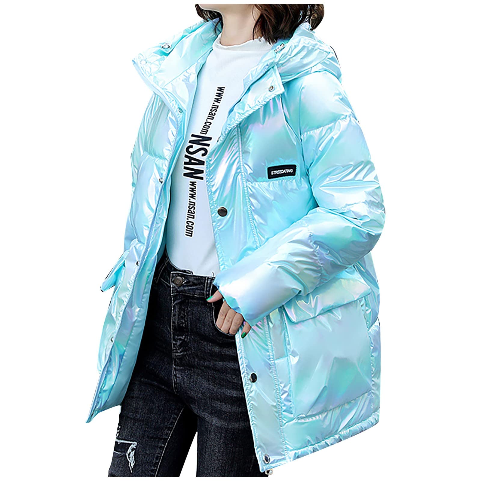 iCODOD Women's Puffer Jacket - Gradient Rainbow Color Hooded Winter Coat, Warm Down Parka for Cold Weather | Fashionable Outerwear for Street Style, Snow Activities & Daily Winter Wear
