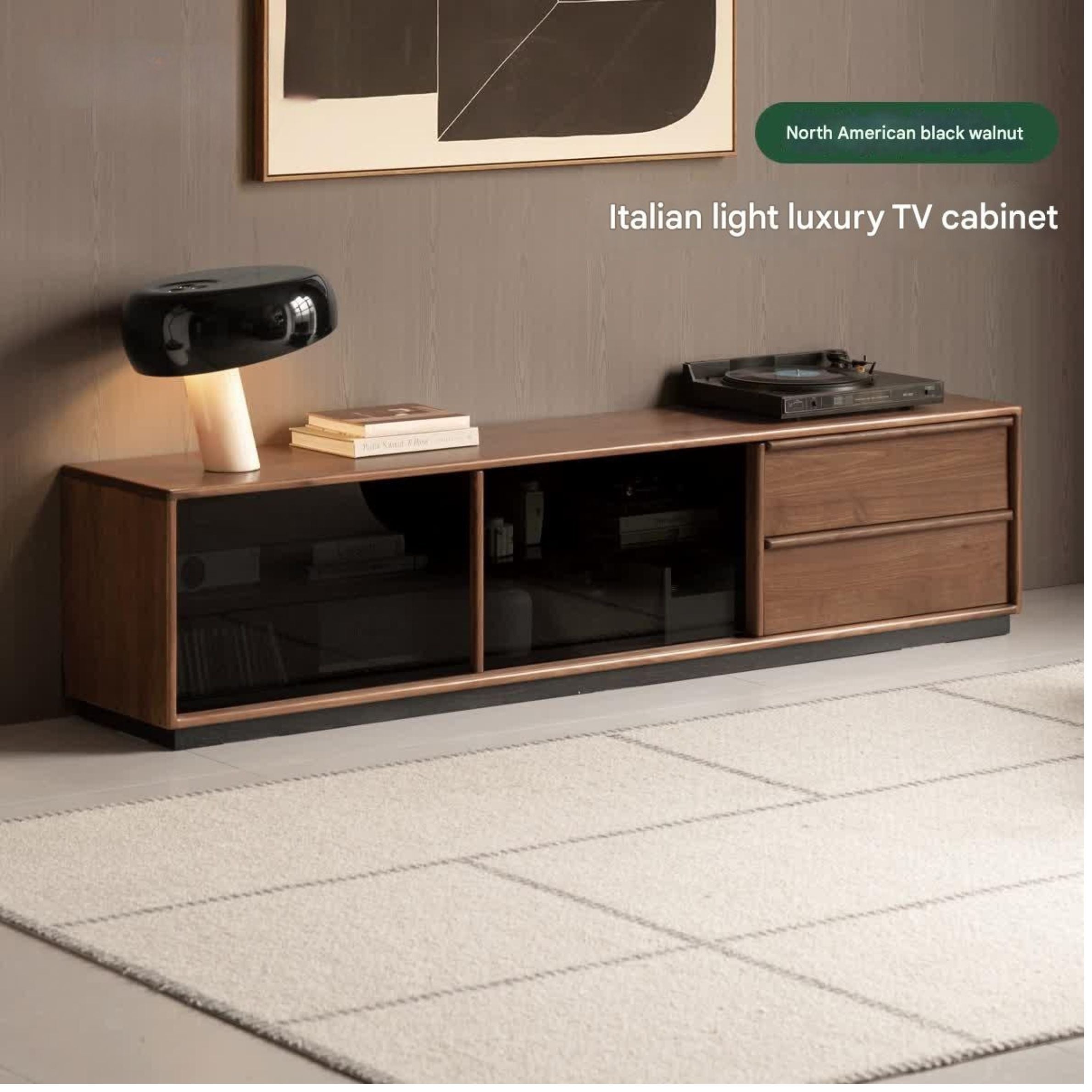 Premium Black Walnut Solid Wood TV Stand - Italian Modern Luxury Design for Living Room & Home Theater Setup