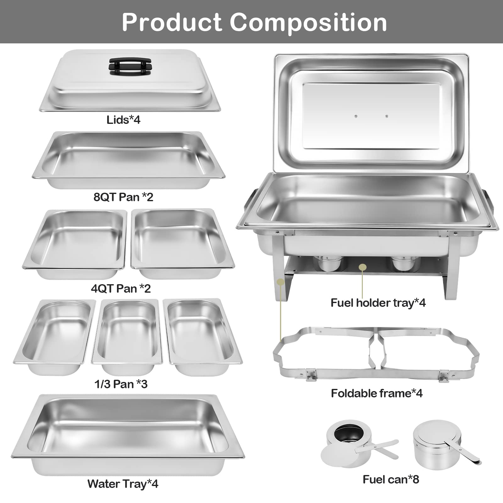 4-Pack Stainless Steel Buffet Chafing Dish Set - 8QT Catering Food Warmers with 7 Trays - Perfect for Weddings, Parties, and Buffet Serving
