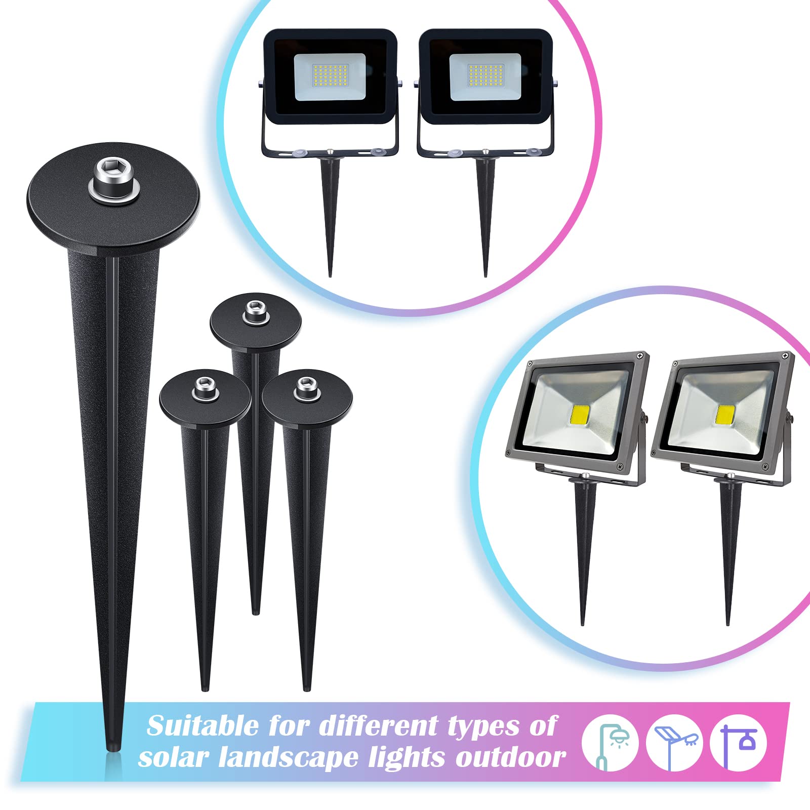 4 Pack Threaded Spike Flood Light Ground Stakes - 6.3 Inch Metal Replacement Stakes for Solar Lights with 8 Hex Screws - Outdoor Garden, Yard, Path & Lawn Lighting Accessories (Black) - Perfect for Landscape Lighting, Pathway Illumination & Decorative Outdoor Lighting