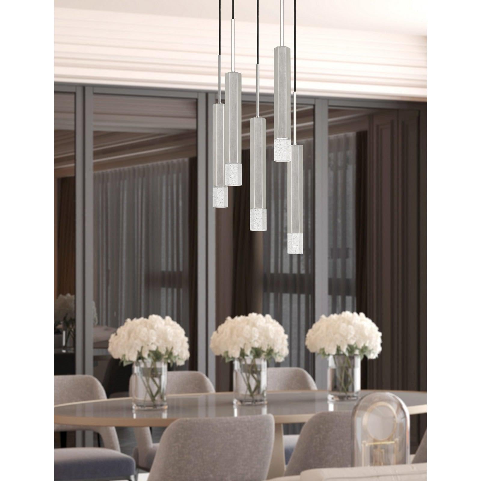 Cal Lighting Troy 5-Light Dimmable Hexagon LED Pendant with Aluminum Casting & Glass Diffuser - Modern Kitchen Island Lighting, Dining Room Chandelier, Living Room Statement Fixture