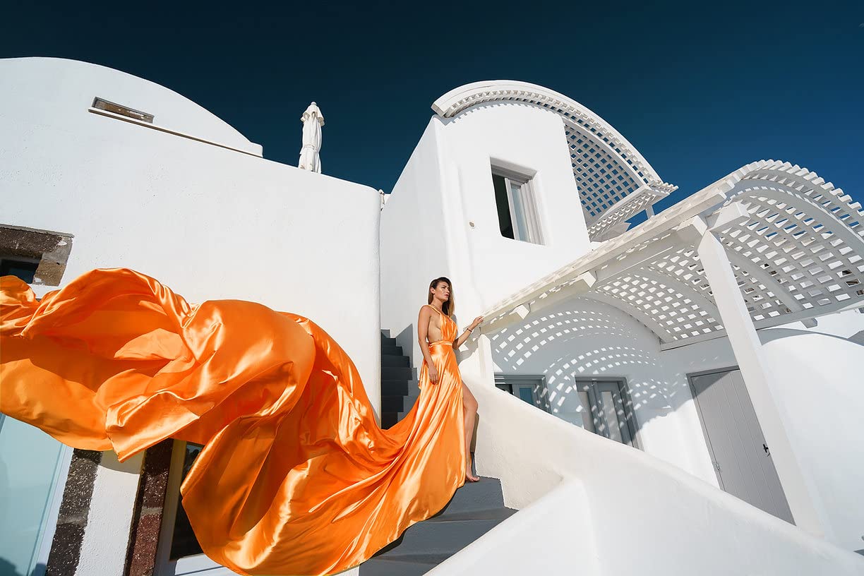 Elegant Long Flying Dress for Photoshoot - Flowy Satin Gown with Train | Perfect for Santorini Photo Shoots, Beach Weddings & Boho Styled Bridal Sessions