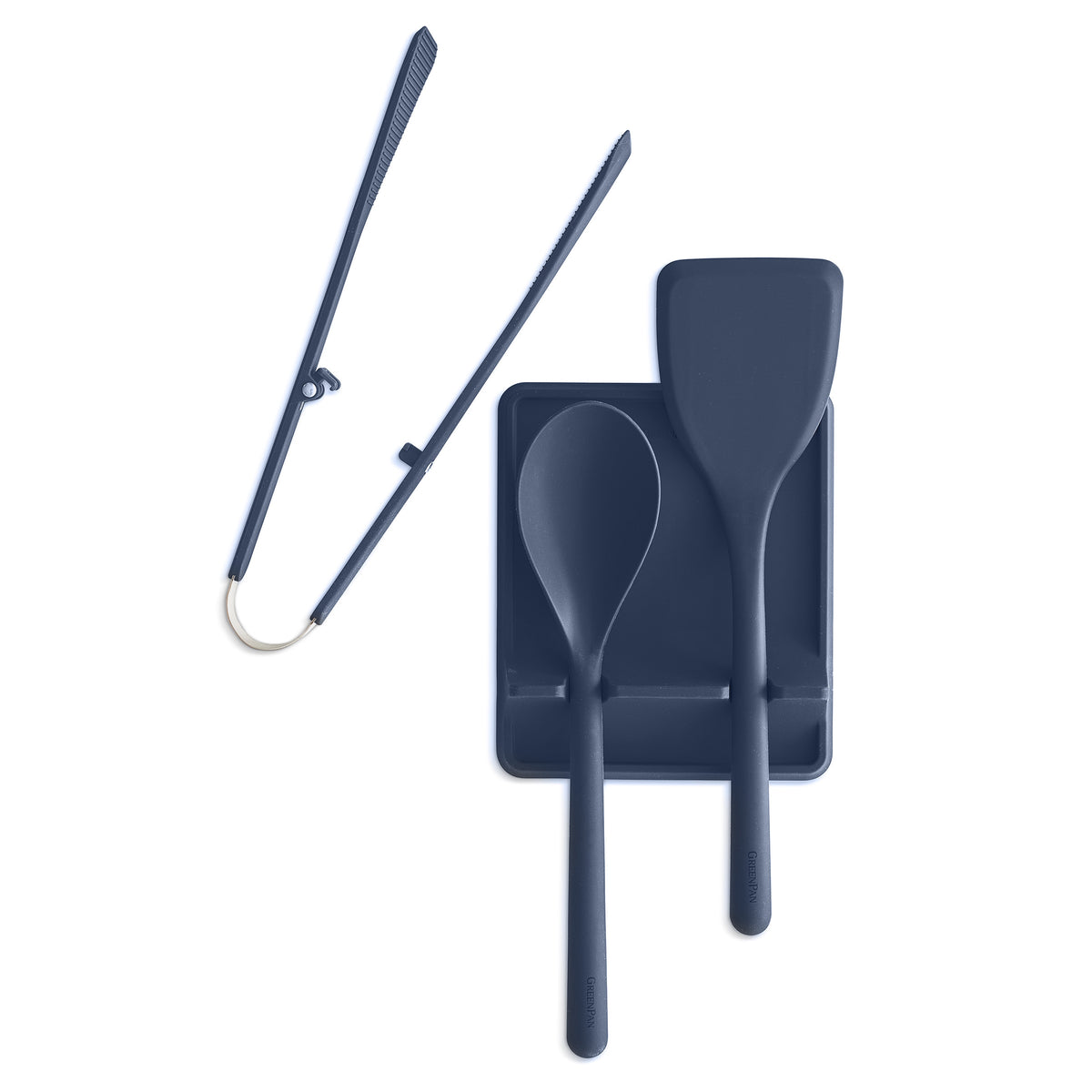 Premium Platinum Silicone 4-Piece Kitchen Utensil Set with Tool Rest - Non-Slip Heat Resistant Cooking Tools for Baking, Grilling & Food Prep - Navy Blue