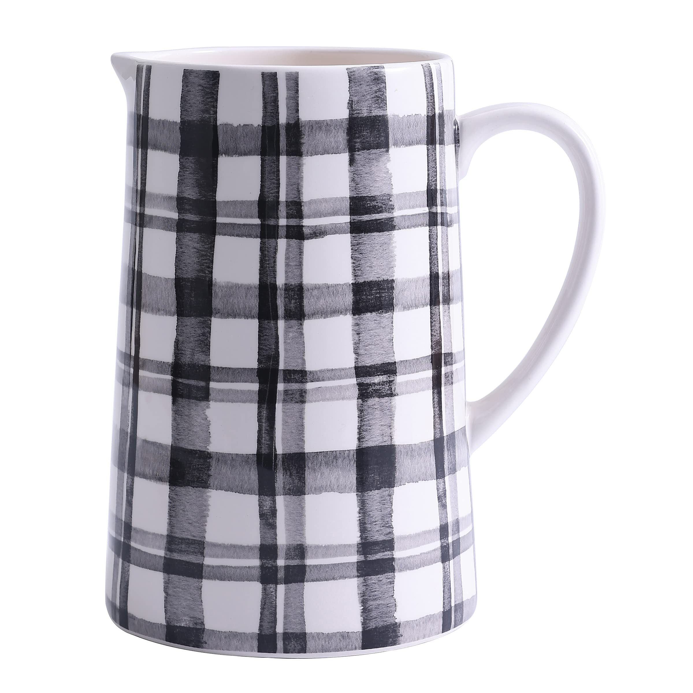 Bico Black and White Plaid 3.2 Quart Ceramic Pitcher with Handle - Decorative Flower Vase for Home & Kitchen, Dishwasher Safe - Perfect for Iced Tea, Lemonade, and Floral Centerpieces