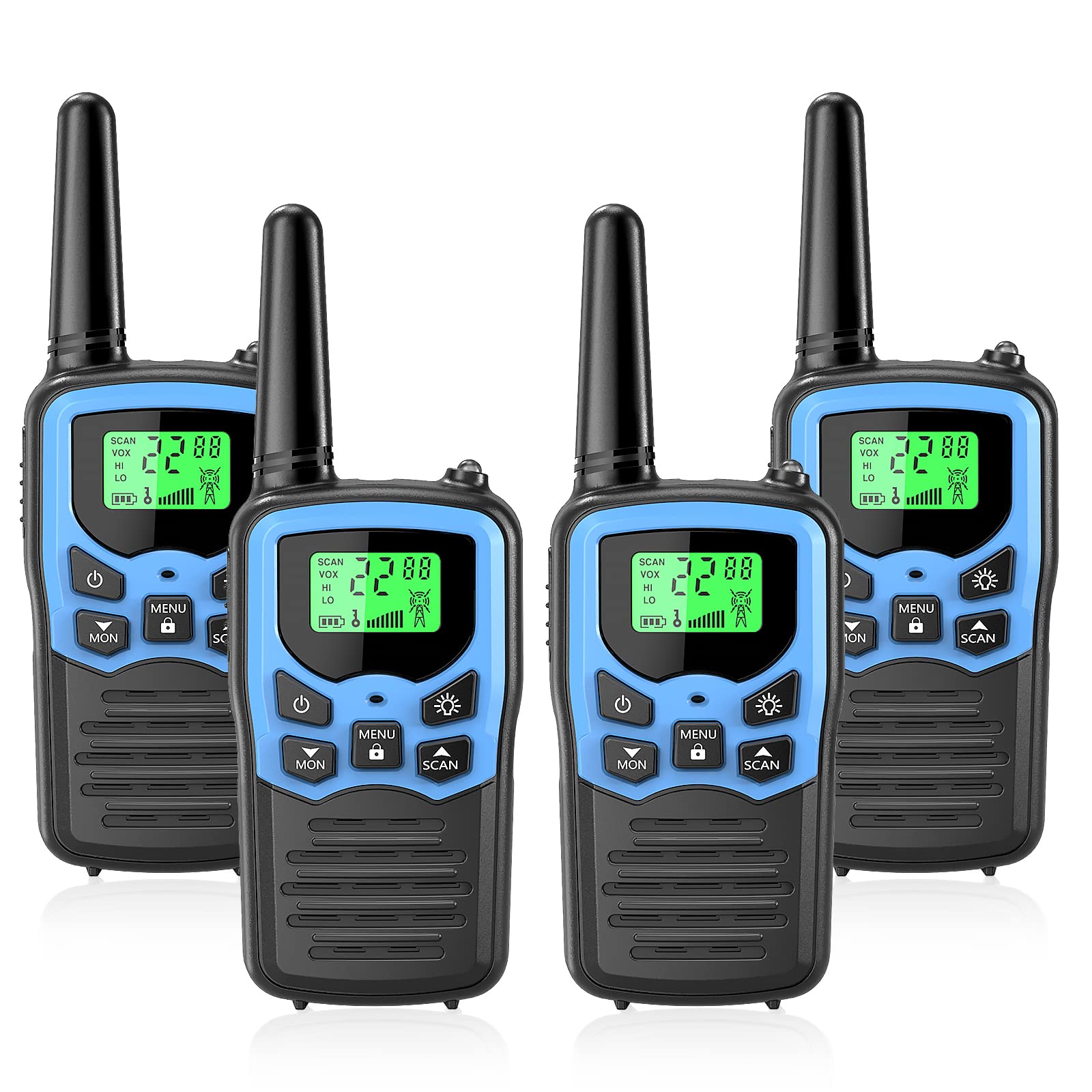 MOICO Long Range Walkie Talkies for Adults - 22 FRS Channels, LED Flashlight, VOX Scan & LCD Display - Perfect for Hiking, Camping, Outdoor Adventures & Emergency Communication (4 Pack, Blue)