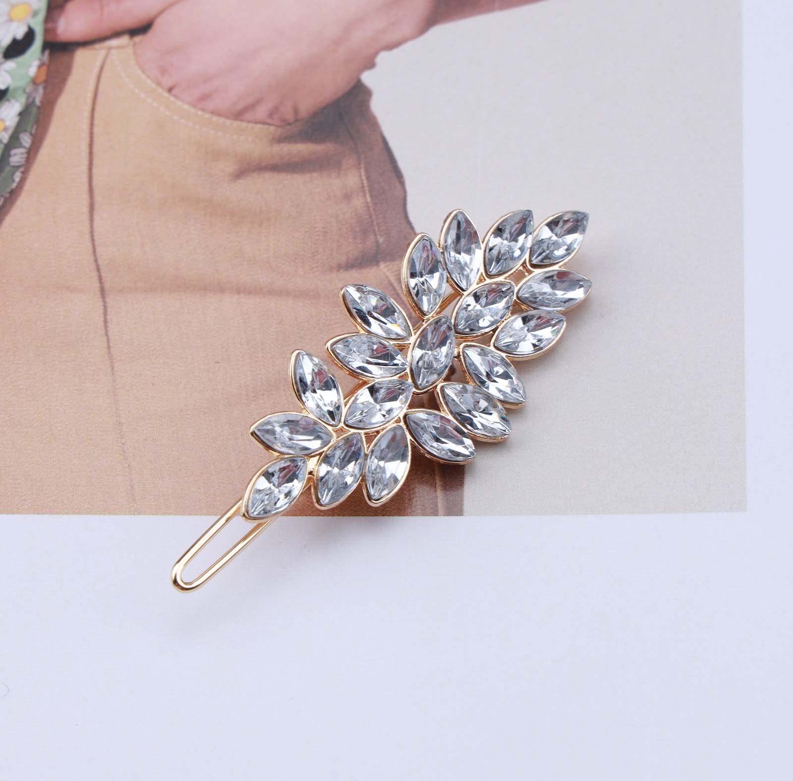 Bohemian Rhinestone Crystal Leaf Hair Clip - Gold Leaf Side Barrette Hairpin for Women & Girls - Bridal CZ Headpiece Accessory - Perfect for Weddings, Parties & Everyday Elegance