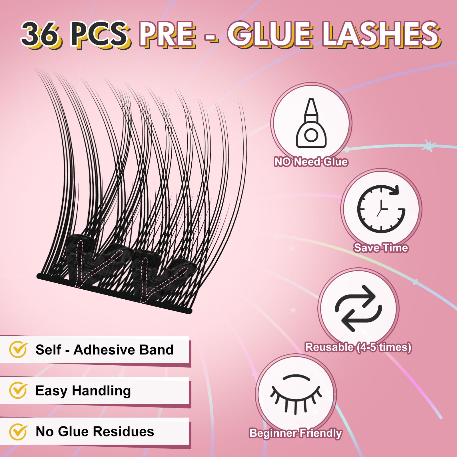 36Pcs Self Adhesive Eyelashes No Glue Needed - Reusable Press On Lashes with Tweezers - DIY Lash Extension Kit for Beginners - Black (D1 C-10-16mm MIX) - Perfect for Daily Wear, Parties & Special Occasions