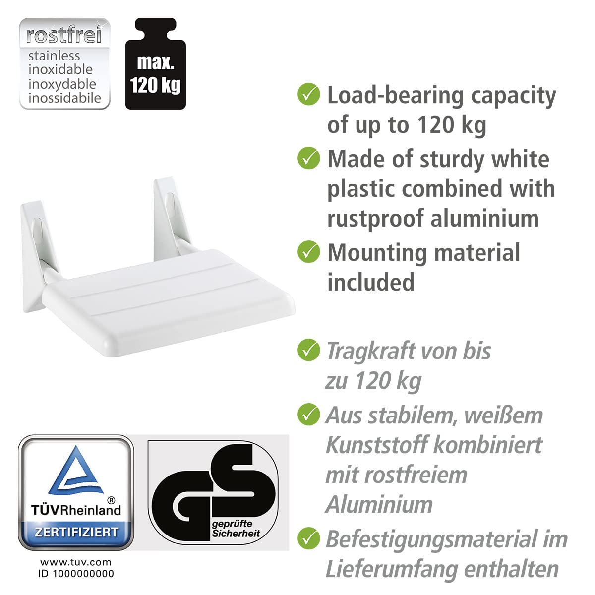 WENKO 179371100 White Shower Seat - 35 x 19 x 36 Inches - Non-Slip Bath Seat for Elderly & Disabled - Foldable Shower Chair for Small Spaces - Perfect for Bathroom Safety & Comfort