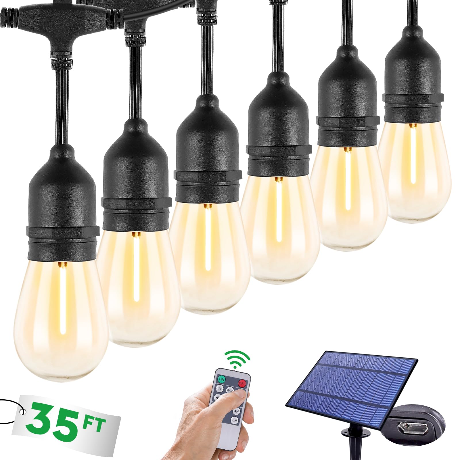 35FT Solar String Lights Outdoor Waterproof - Commercial Grade IP65 LED Solar Powered Patio Lights with S14 Shatterproof Sockets - Perfect for Garden, Backyard, Wedding, Party, and Holiday Decorations