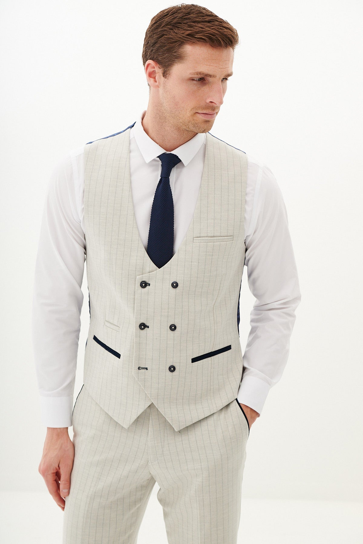 Premium GRANT Stone Pinstripe Three Piece Suit for Men - Classic Business Formal Wear - Perfect for Weddings, Office Meetings & Special Occasions