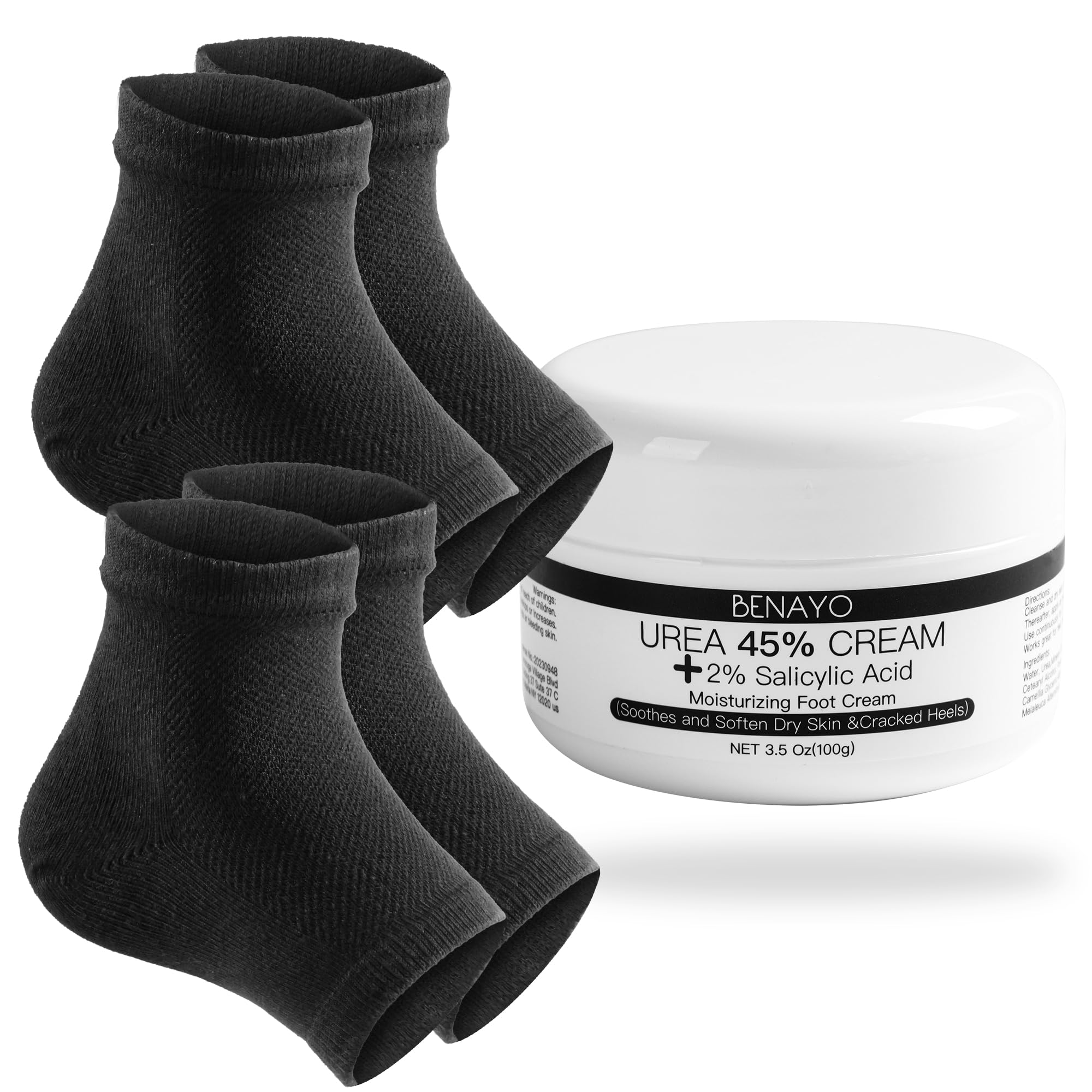 Moisturizing Foot Care Kit for Women - 45% Urea & 2% Salicylic Acid Foot Cream with Reusable Gel Lining Socks - Cracked Heel Repair & Dry Feet Treatment (Black) - Perfect for Pedicures, Nighttime Foot Care & Cracked Heel Recovery