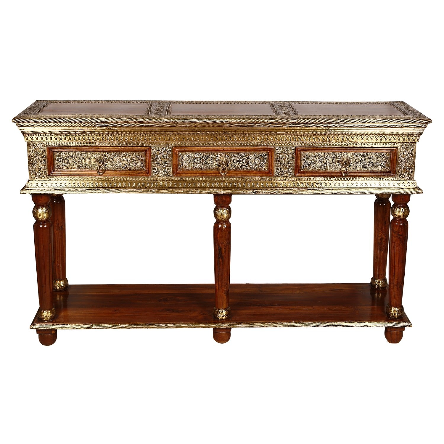 Antique Brass Embossed Console Table with 3 Drawers - Elegant Entryway Furniture for Living Room, Hallway & Office Decor