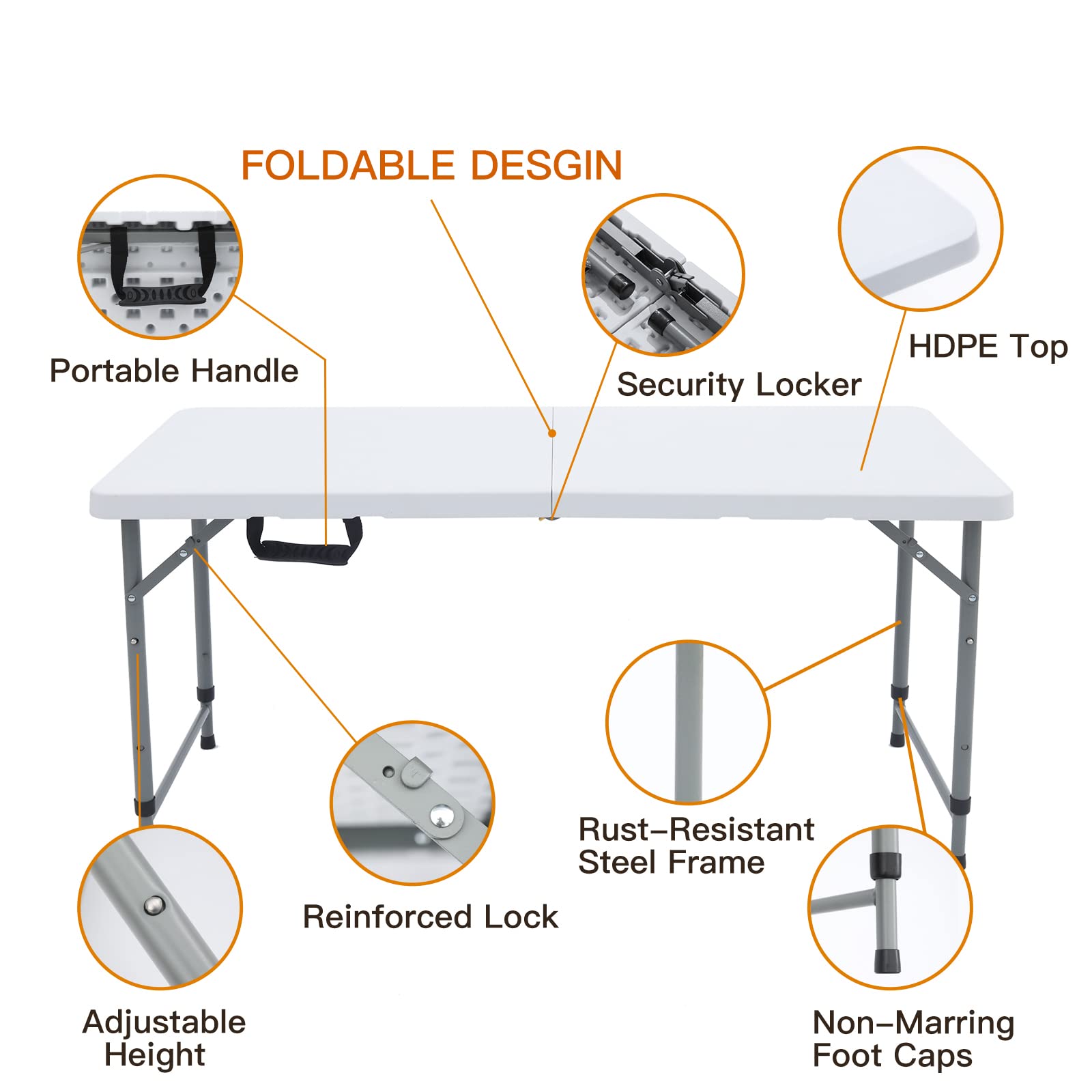 122CZ 4-Foot Folding Table - Portable Adjustable Height Table for Indoor & Outdoor Use - Lightweight Compact Design with Carry Handle - Perfect for Camping, Picnics, Parties, Home Office and Small Gatherings