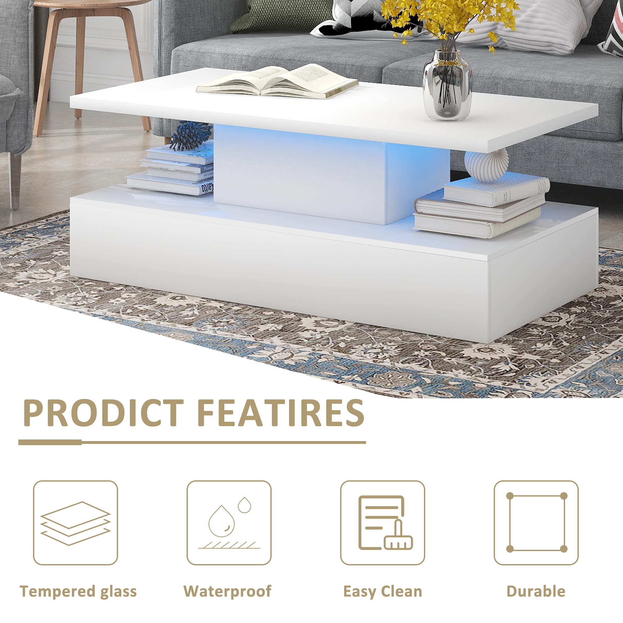 16-Color LED Coffee Table with Modern Industrial Design - 2-Tier Rectangle Cocktail Table, Easy to Clean & Assemble - Perfect for Living Room, Game Room, and Home Theater Lighting