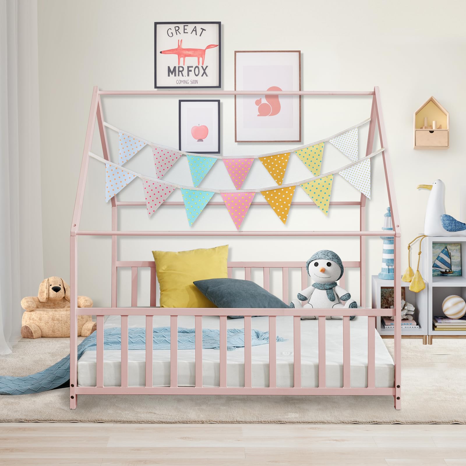 Montessori Full Size Floor Bed for Kids - Wooden House Bed Frame with Roof - Toddler Bed for Boys & Girls - Pink - Perfect for Bedrooms, Playrooms & Montessori Learning Spaces
