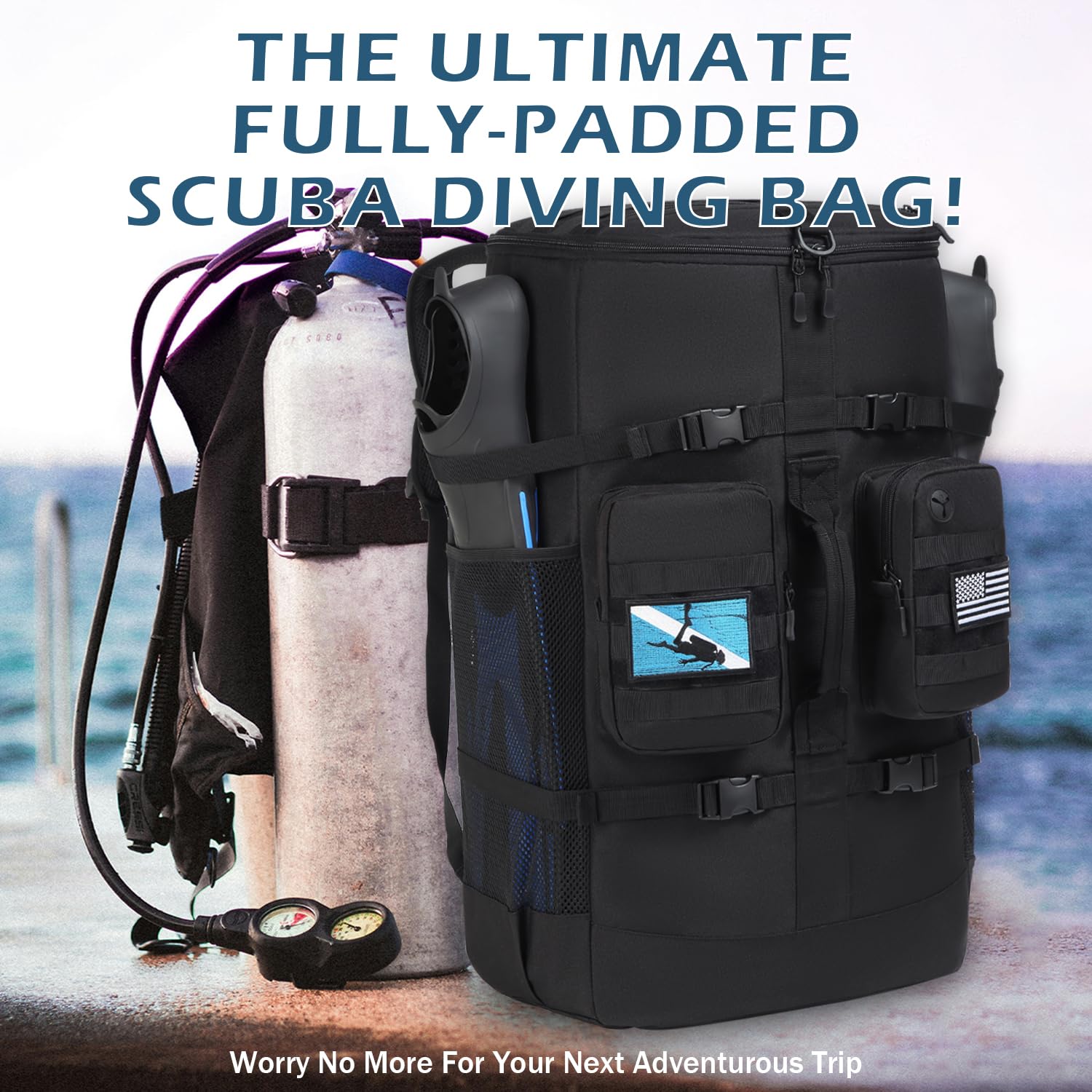 65L Scuba Diving Backpack - Waterproof Travel Backpack for Scuba & Snorkeling Gear | Holds Fins, Snorkel, Wetsuit & Dive Equipment | Perfect for Ocean Adventures, Beach Trips & Water Sports (Black)
