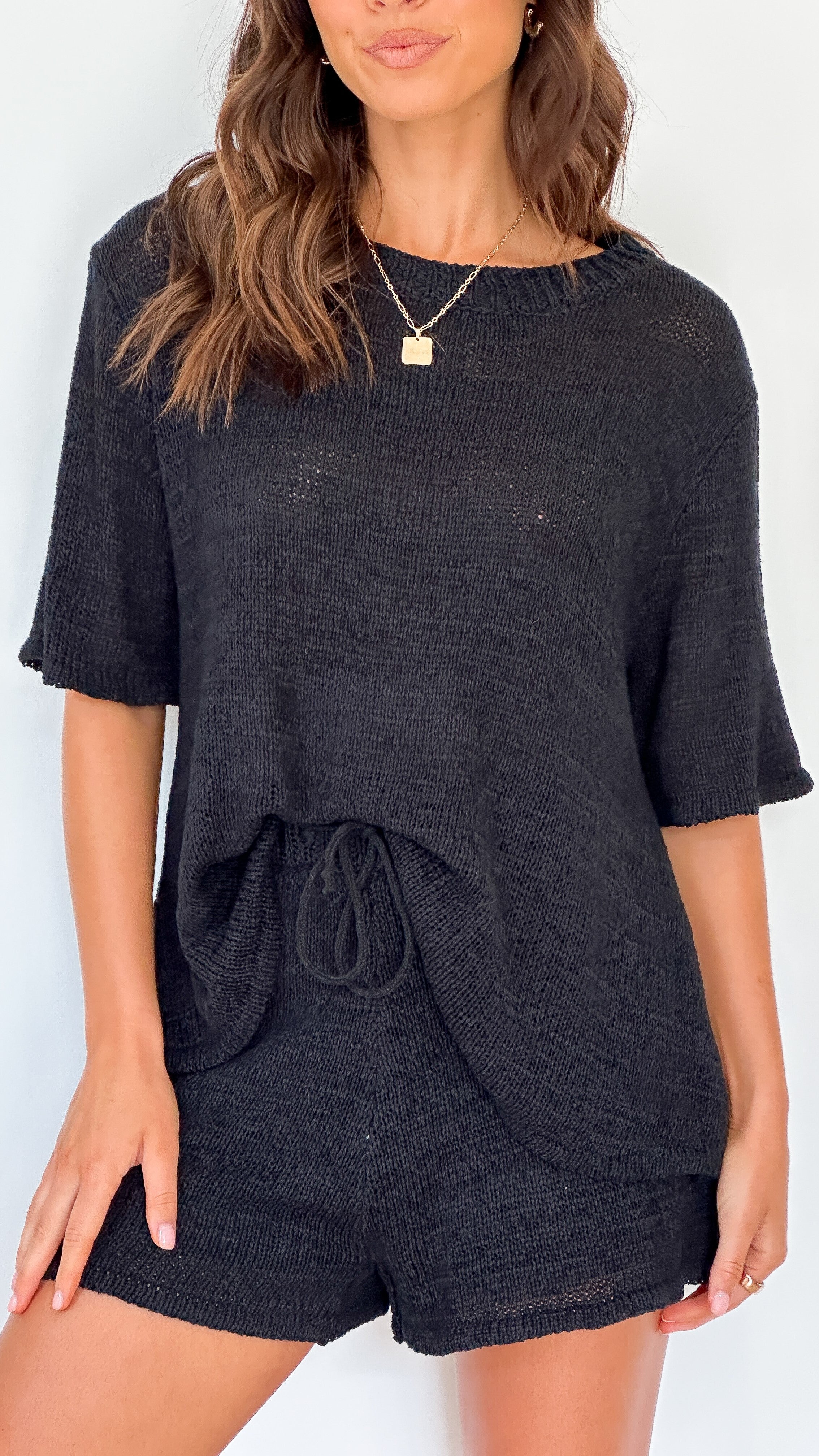 Habiba Women's Black Knit T-Shirt and Shorts Set - Casual Summer Outfit for Beach, Lounge & Travel