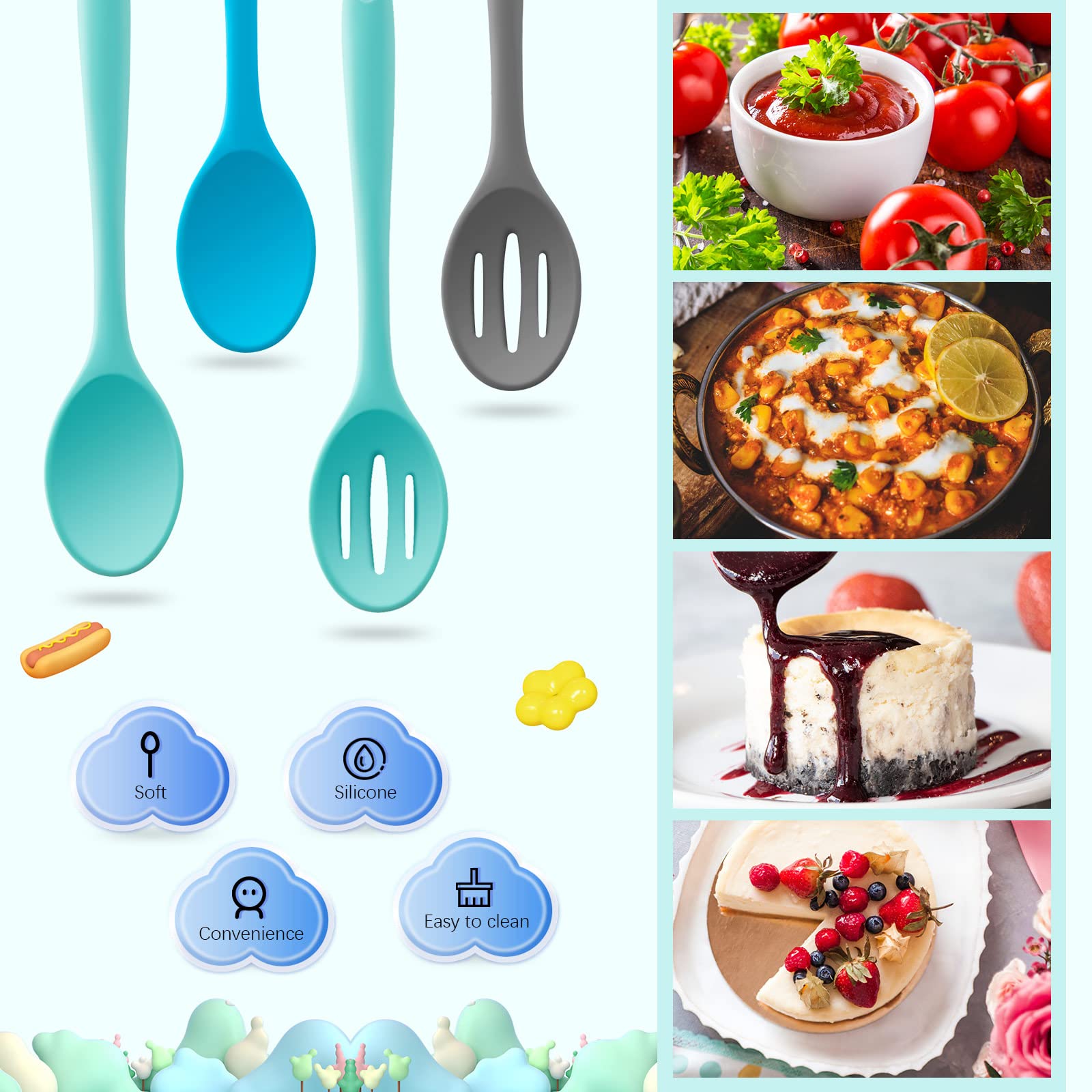 Dandat 4-Piece Silicone Non-Stick Mixing Spoon Set - Heat Resistant Cooking Utensils for Baking, Stirring, Basting & Serving - Kitchen Tools for Everyday Cooking & Meal Prep (Novel Style, Medium)