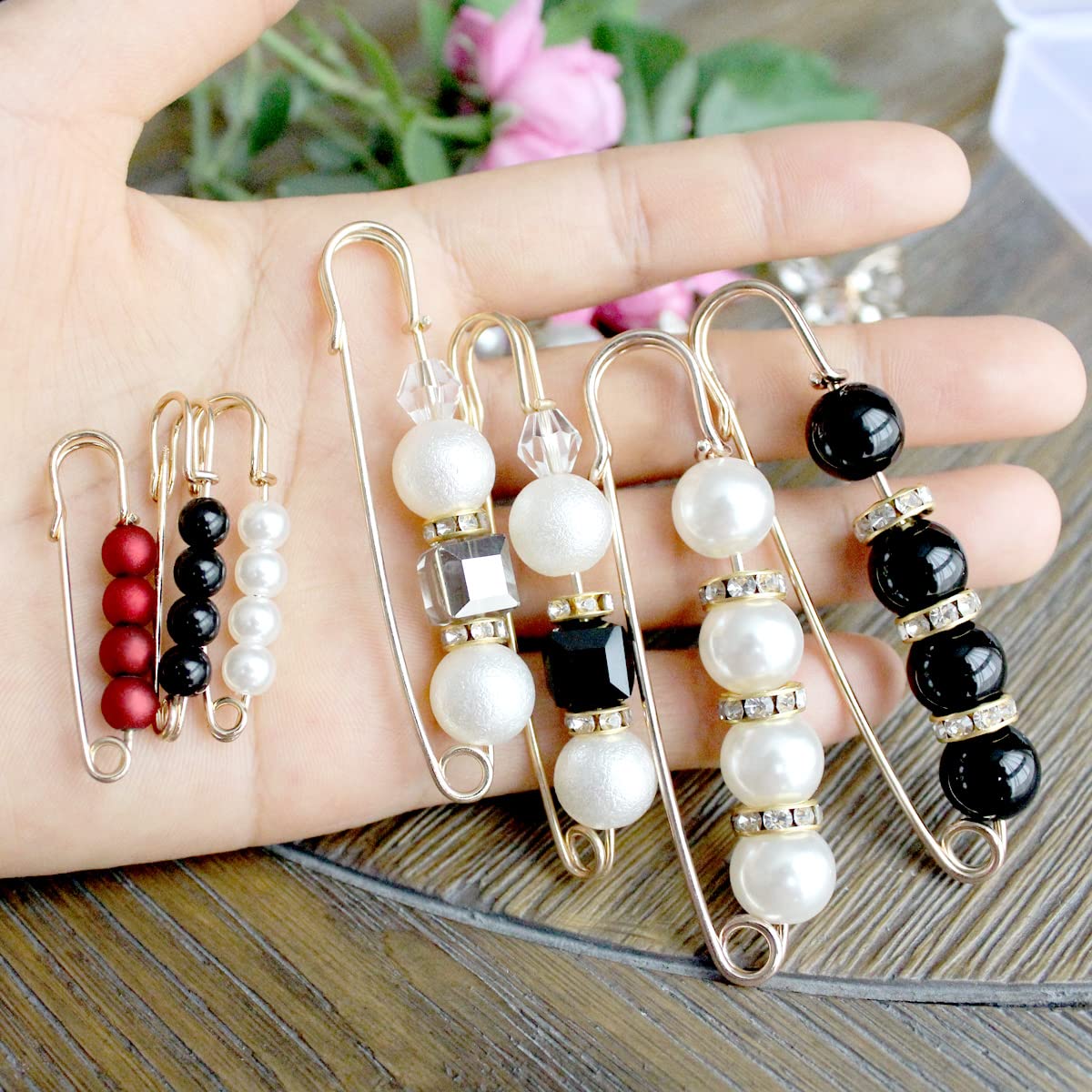 15-Piece Fashion Safety Pin Set with Faux Pearl Brooches - Heavy Duty Large Safety Pins for Women's Clothing, Dresses & Accessories - Perfect for DIY Fashion, Costume Jewelry & Outfit Decoration
