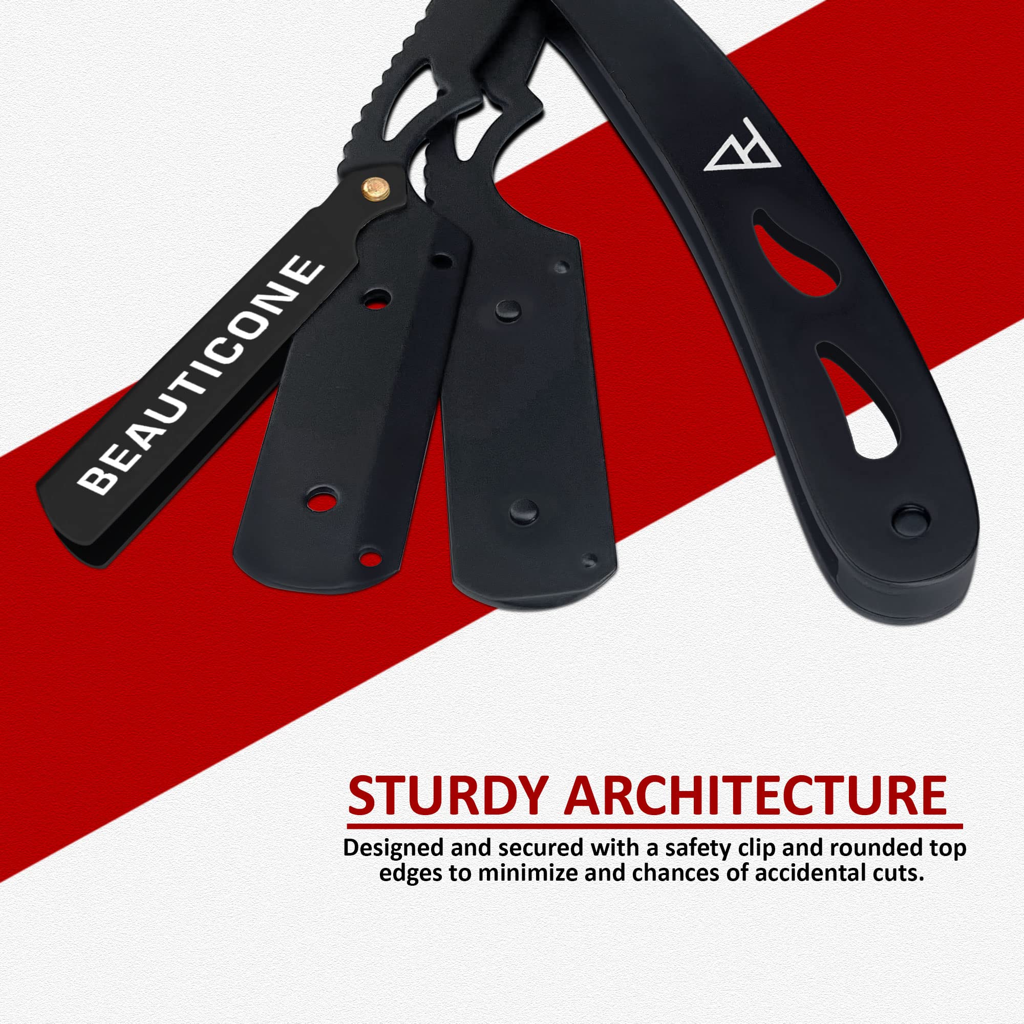 Professional Straight Razor for Men - BEAUTICONE Barber Razor with 100 Single Edge Blades, Black & Gray Leaf Handle - Perfect for Shaving, Grooming & Beard Trimming at Home or Salon